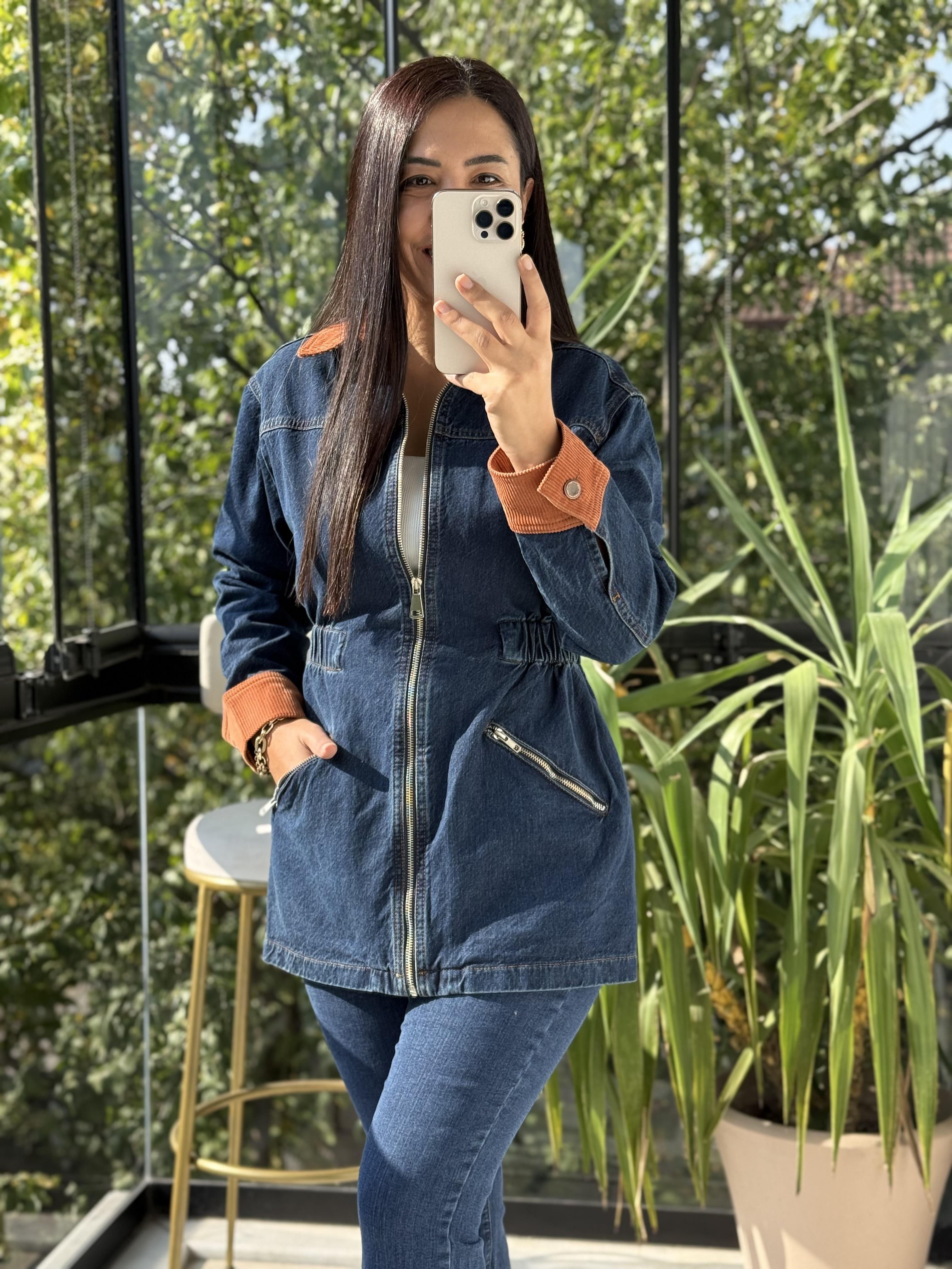 Kadife Detaylı Fermuarlı Kot Ceket Lacivert