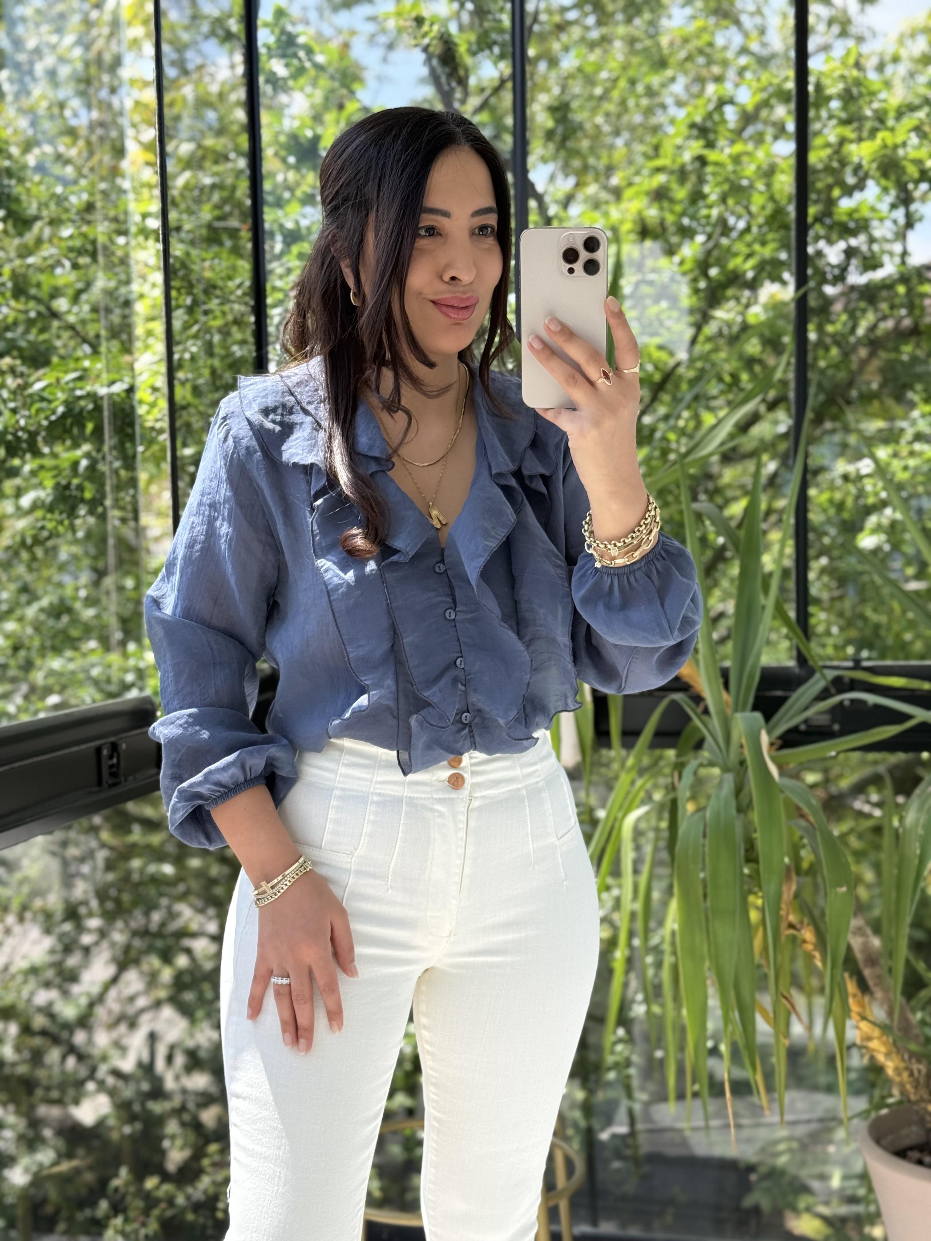 V Yaka Önü Fırfırlı Bluz İndigo Mavi