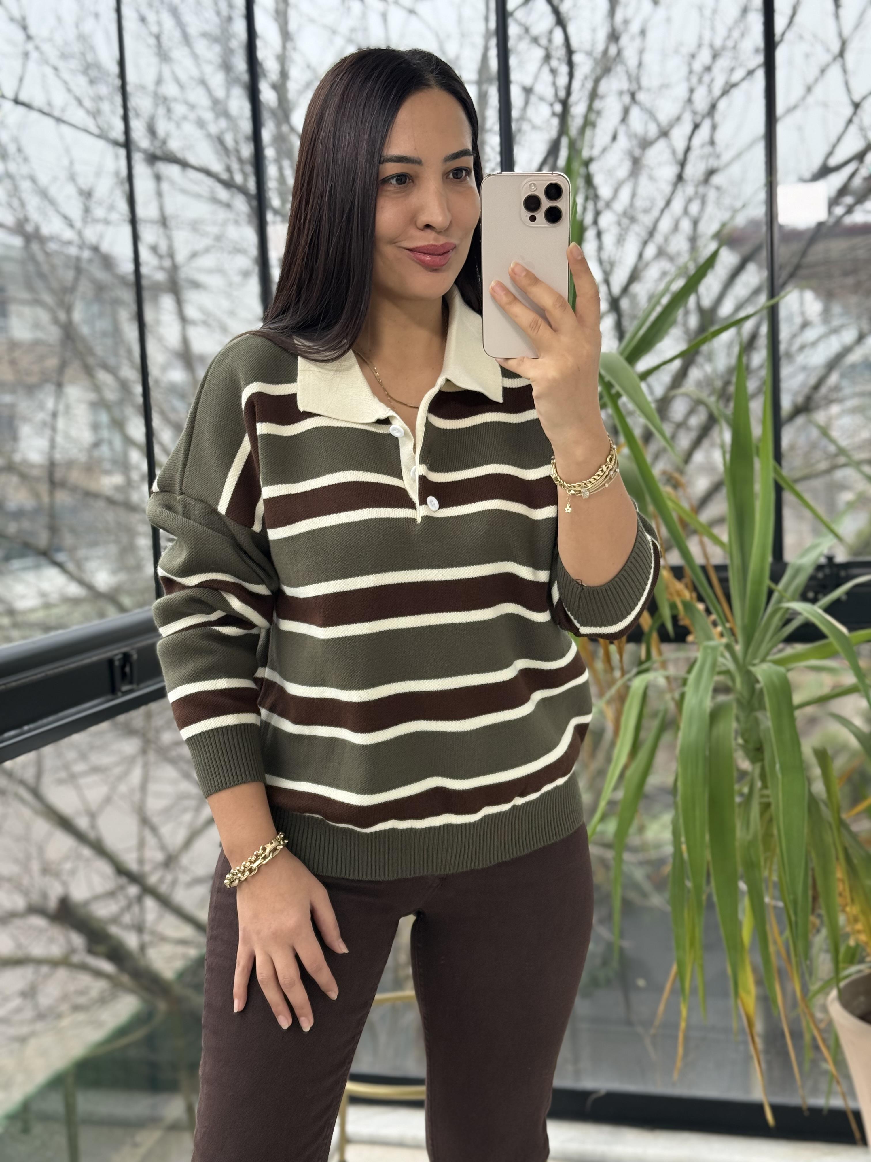 Polo Yaka Çizgili Triko Kazak Haki Yeşili