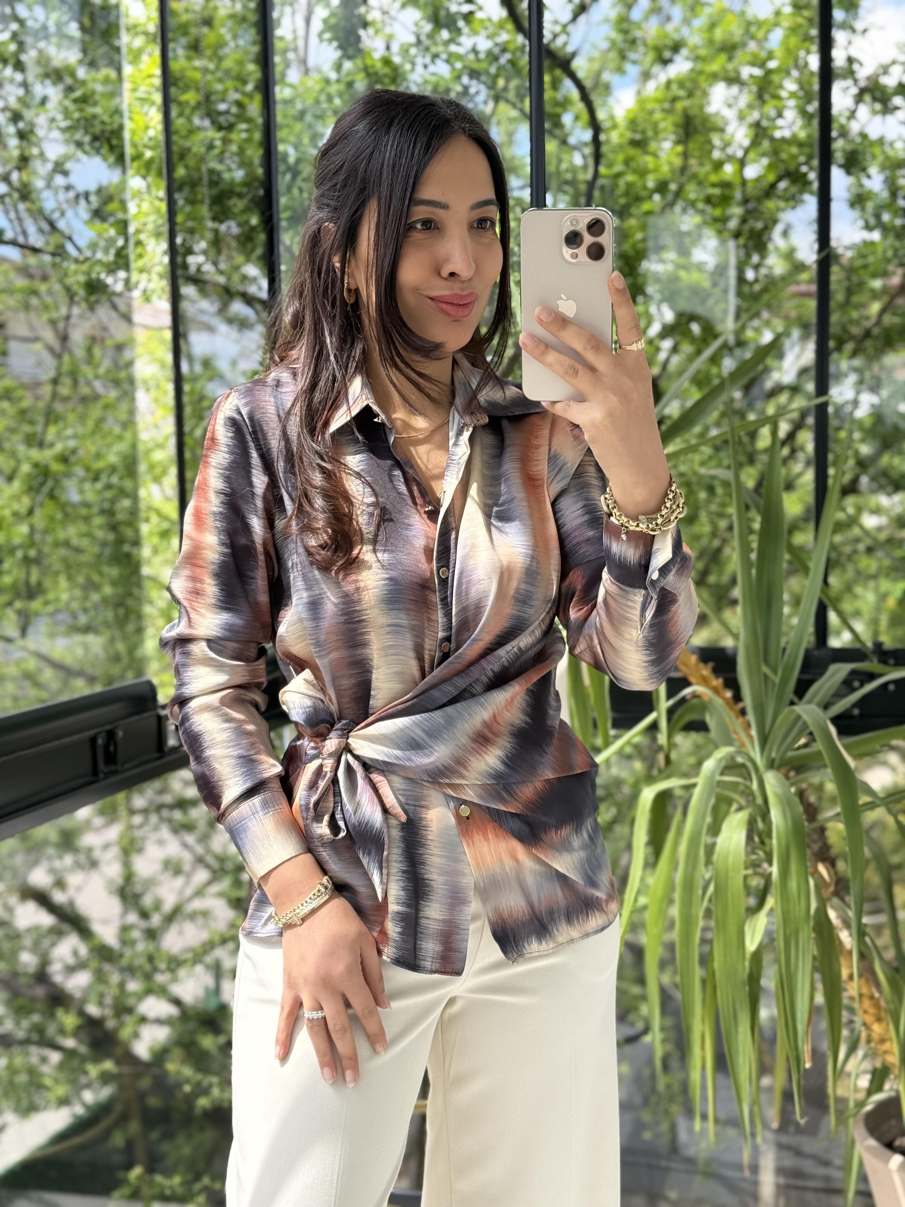 Yandan Bağlamalı Şifon Saten Gömlek Taba