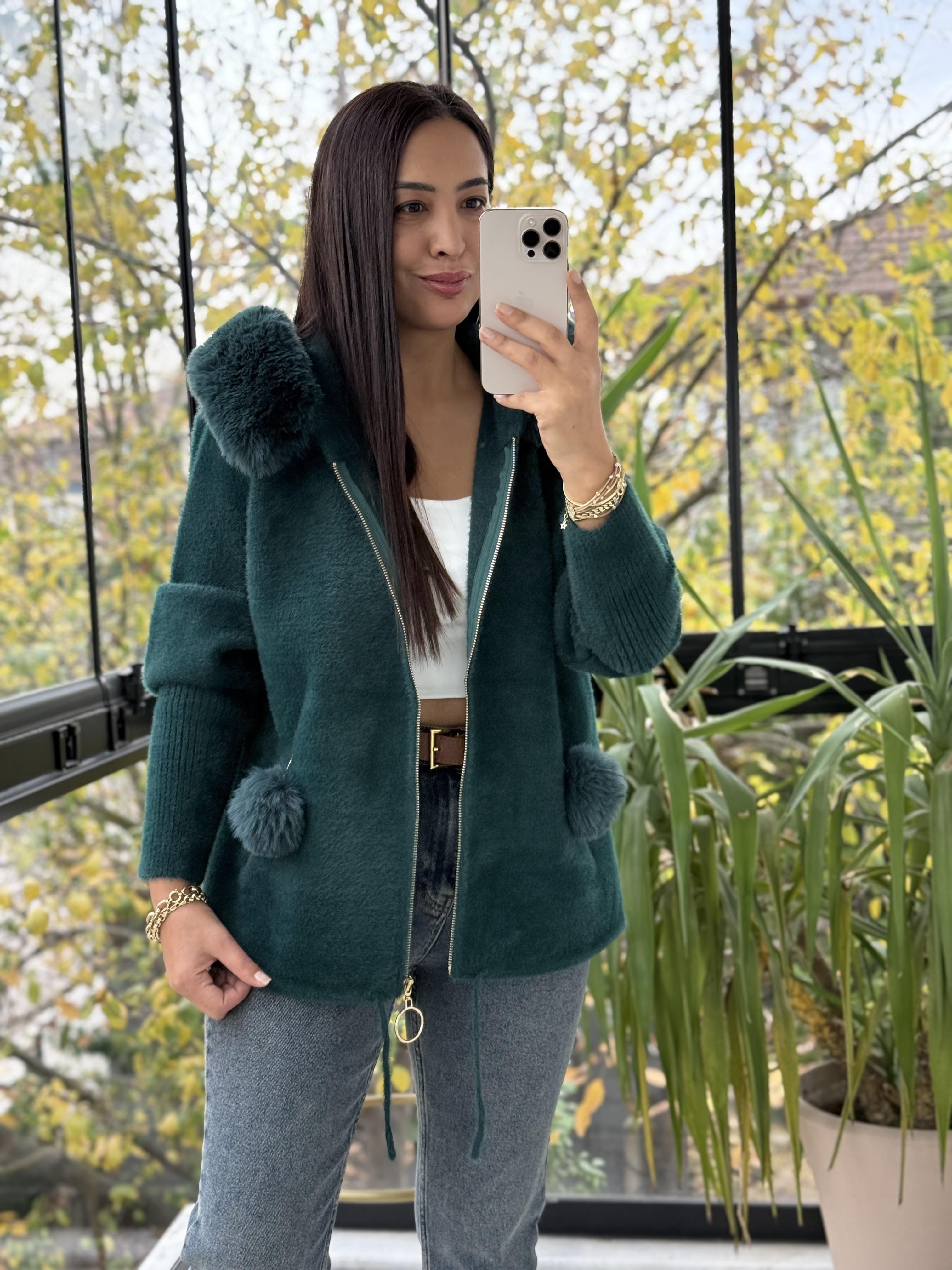 İthal Ponponlu Angora Hırka Zümrüt