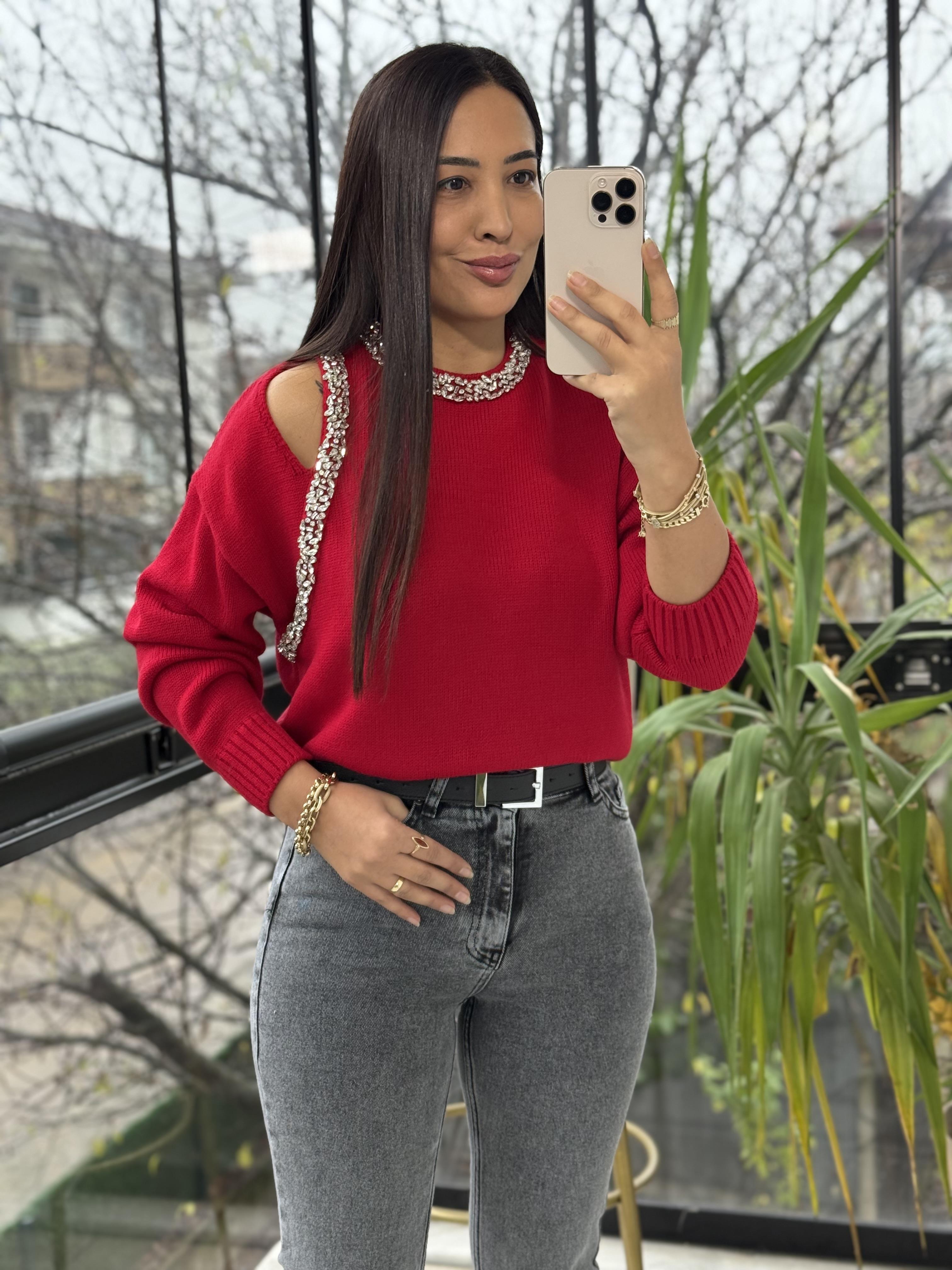 Taş Şerit işleme Cut Aut Kazak Kırmızı