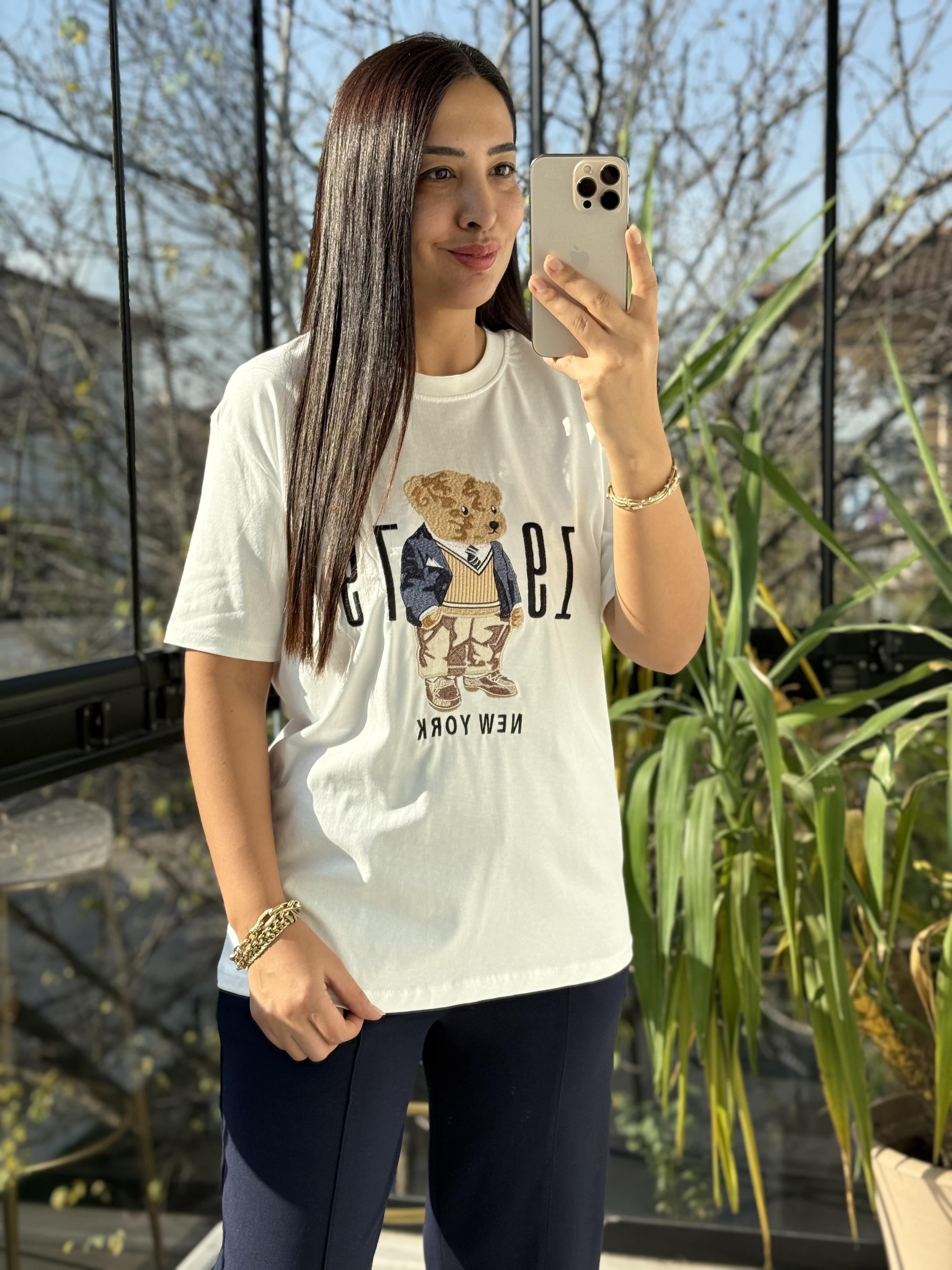 Newyork Yazılı İşlemeli Basic Tişört Beyaz