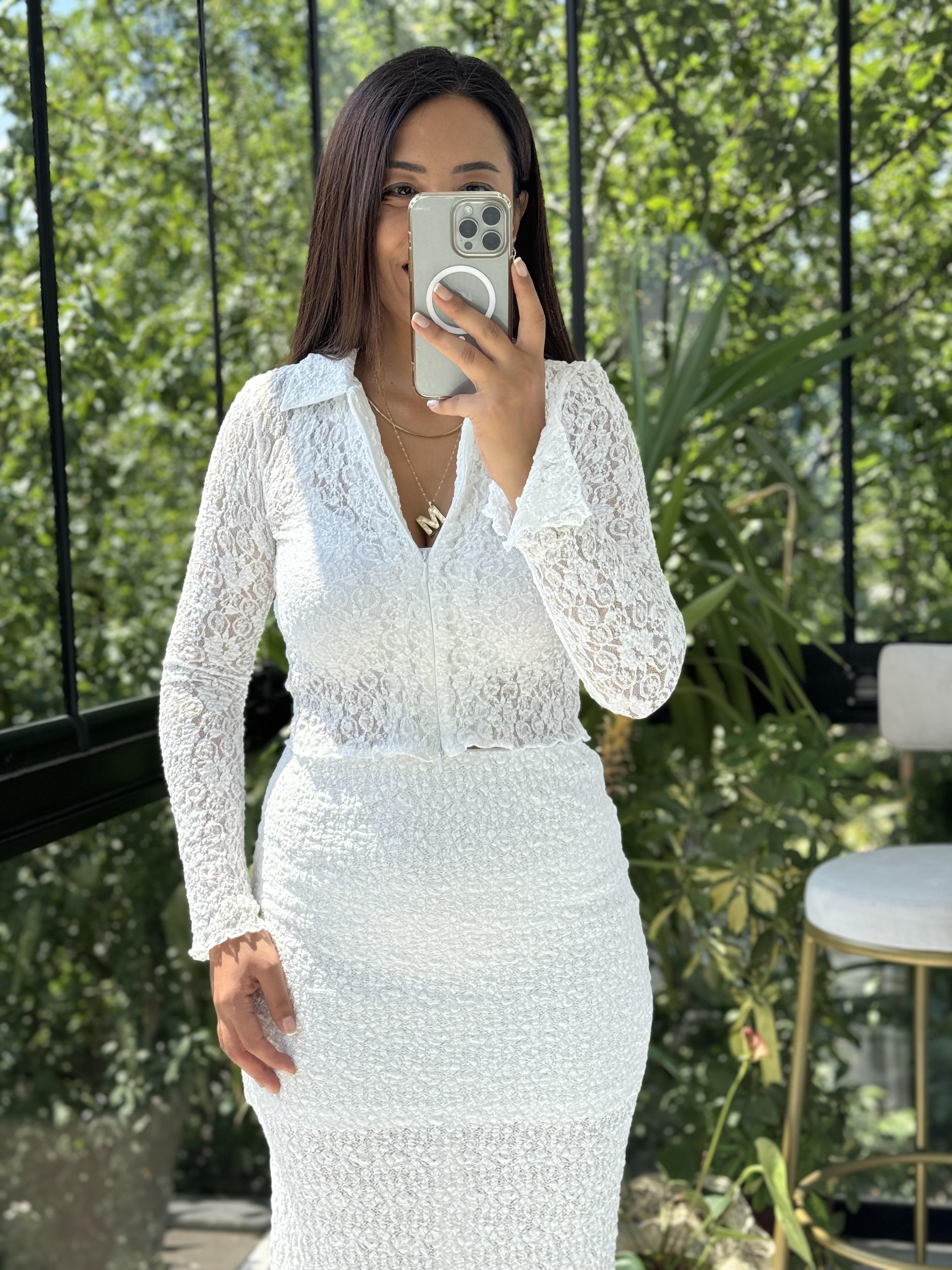 Fermuarlı Dantelli Gömlek Ekru