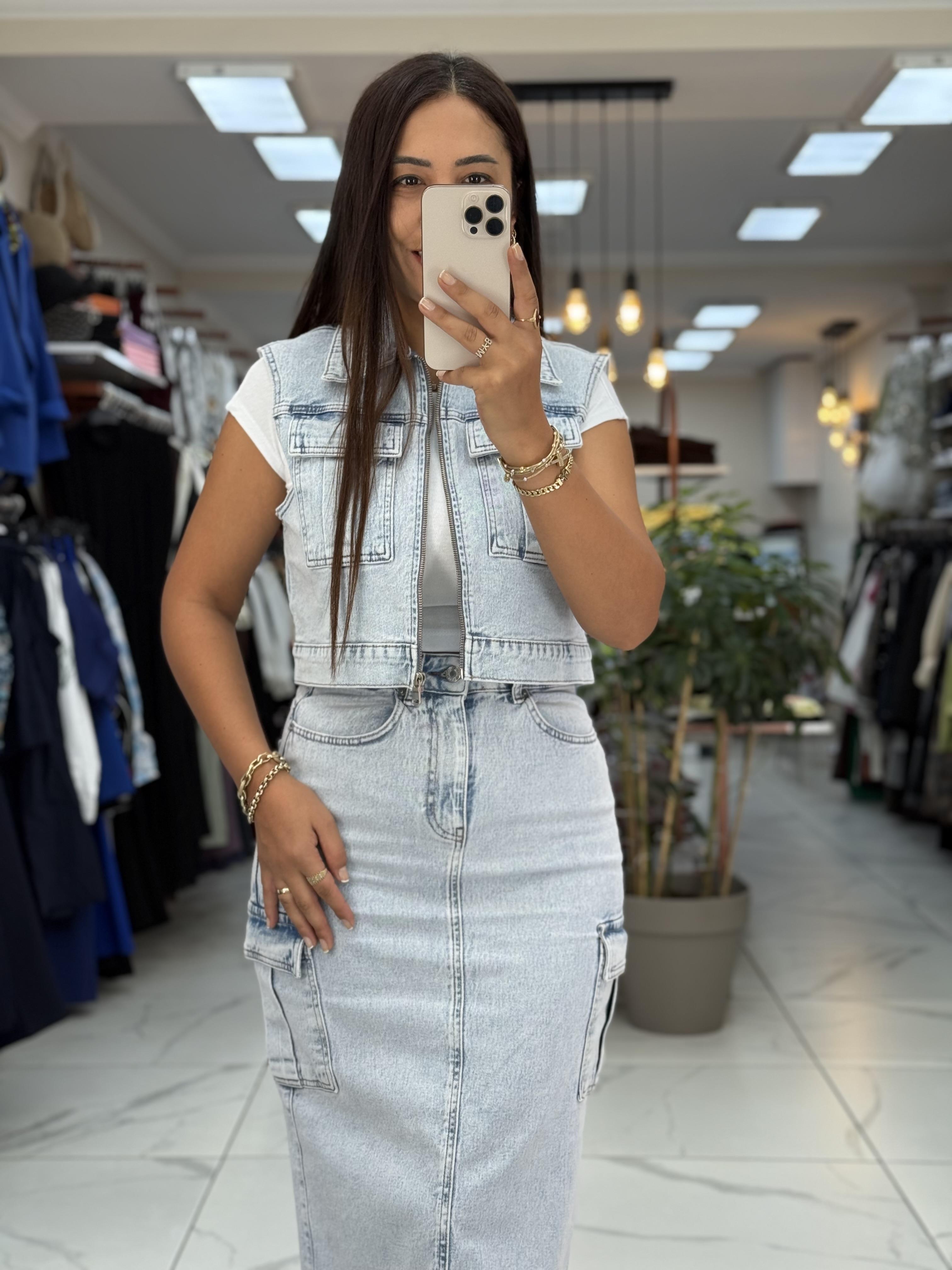 Fermuarlı Mini Kot Yelek Kar Yıkama