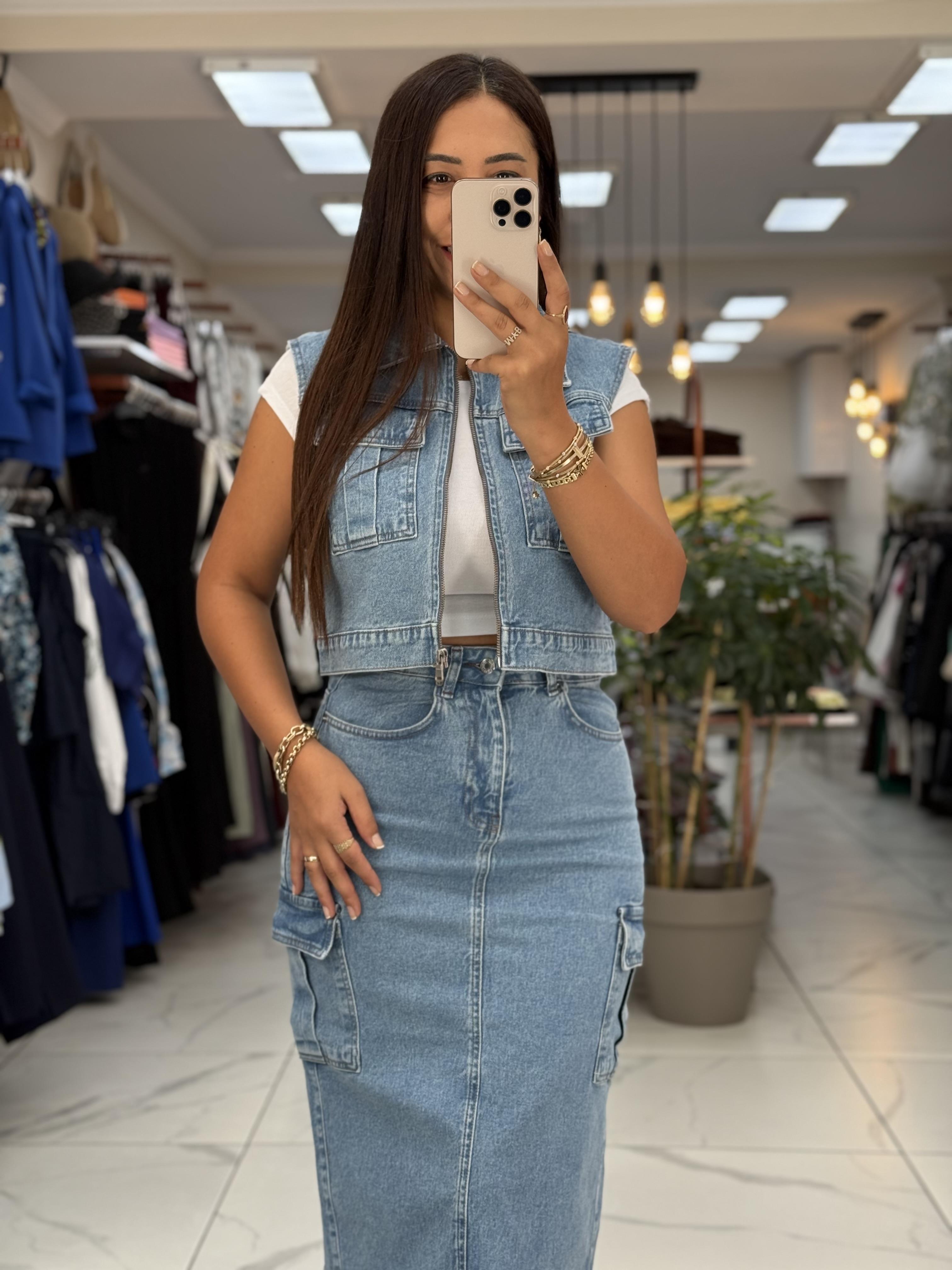 Fermuarlı Mini Kot Yelek Mavi