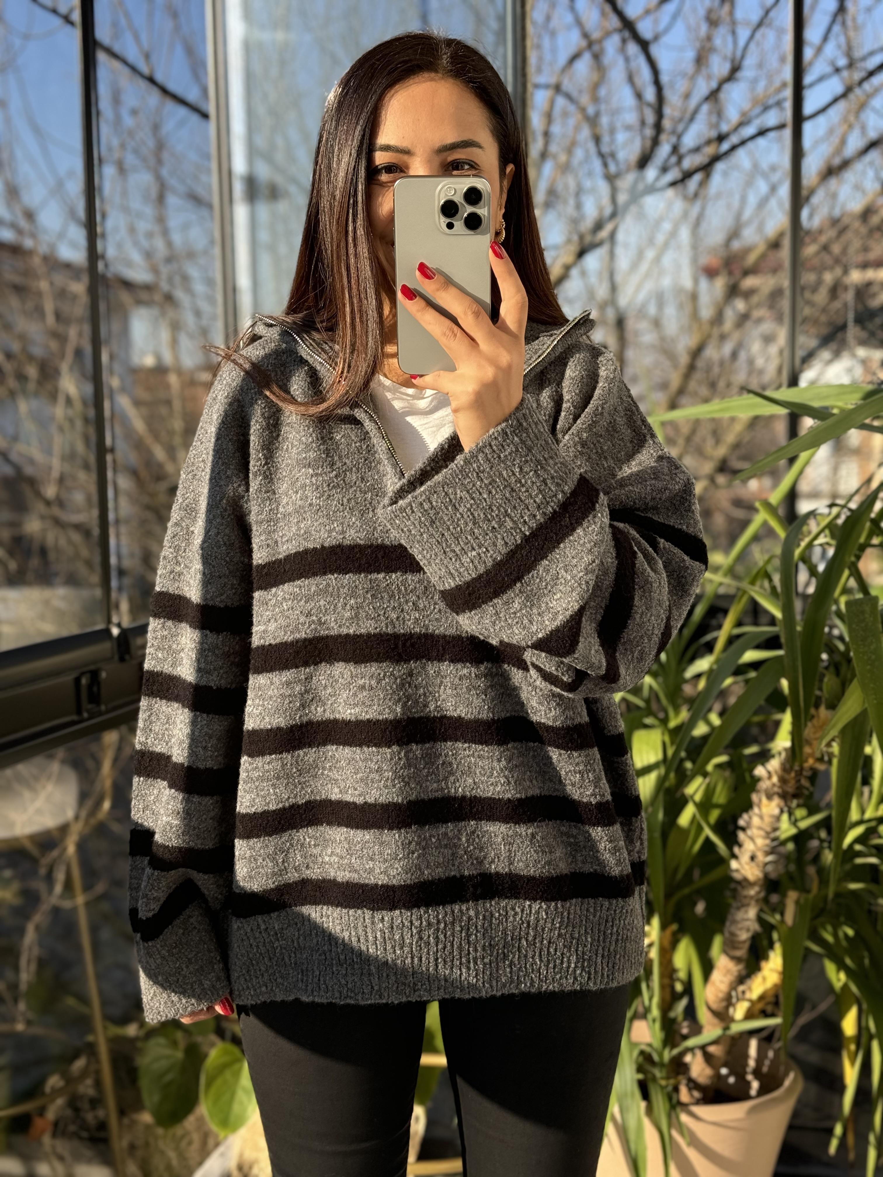 Fermuarlı Yumoş Kazak Gri