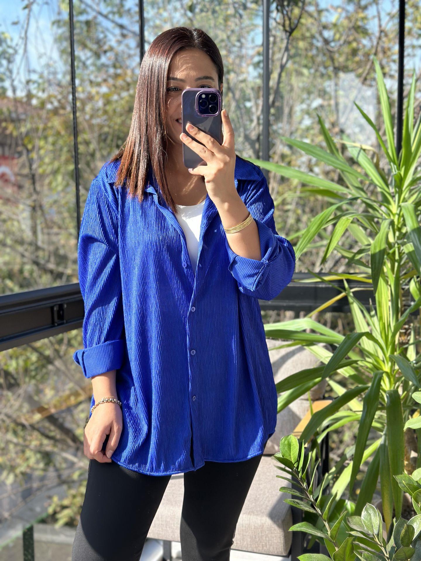 Fitilli Kadife Gömlek Sax Mavi