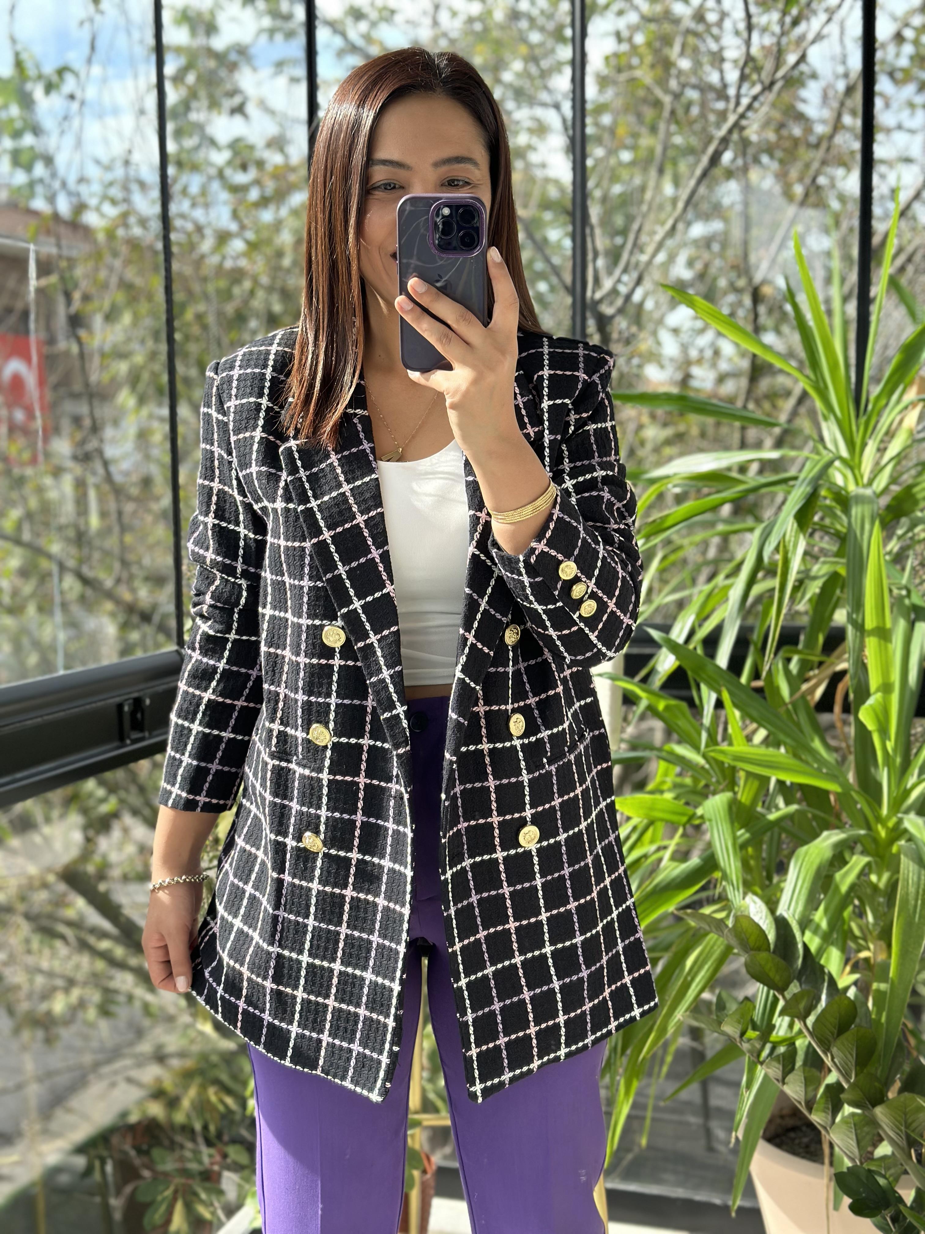 Gold Düğme Kareli Tüvit Blazer Ceket