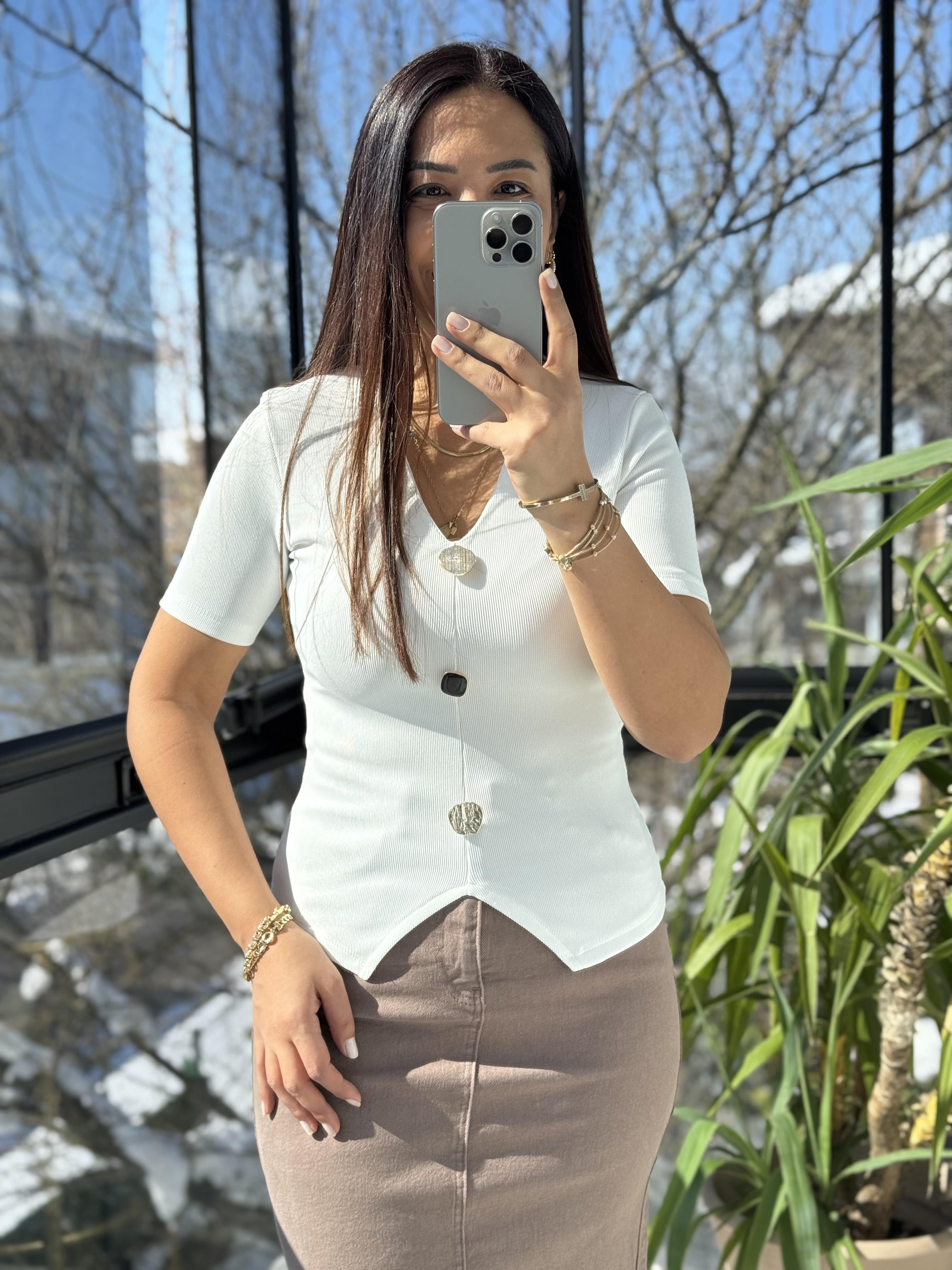 Gold Düğme Kısa Kol Bluz Ekru