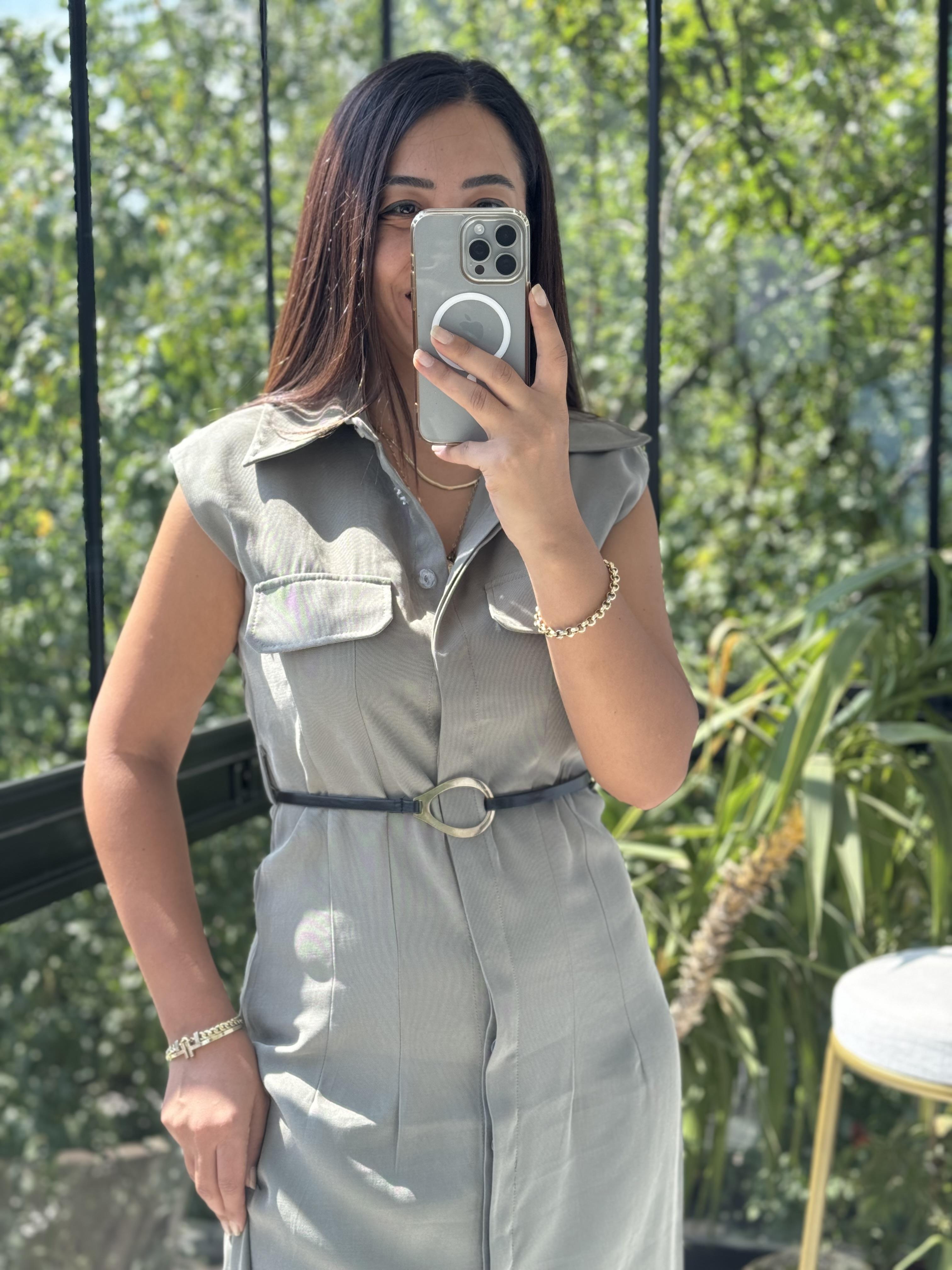 Gold Kemerli Elbise Haki Yeşili