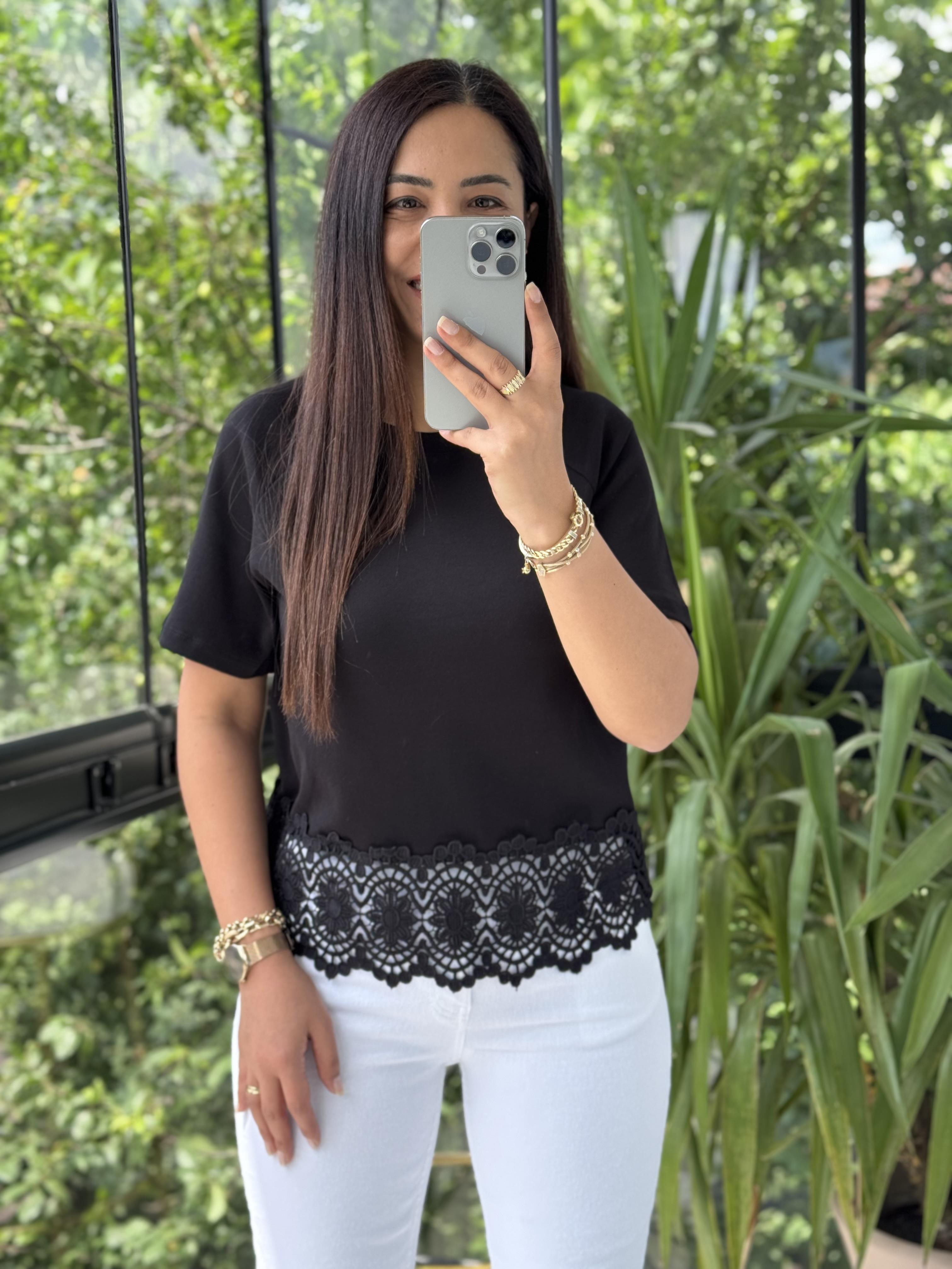 Güpürlü Pamuklu Tişört Siyah