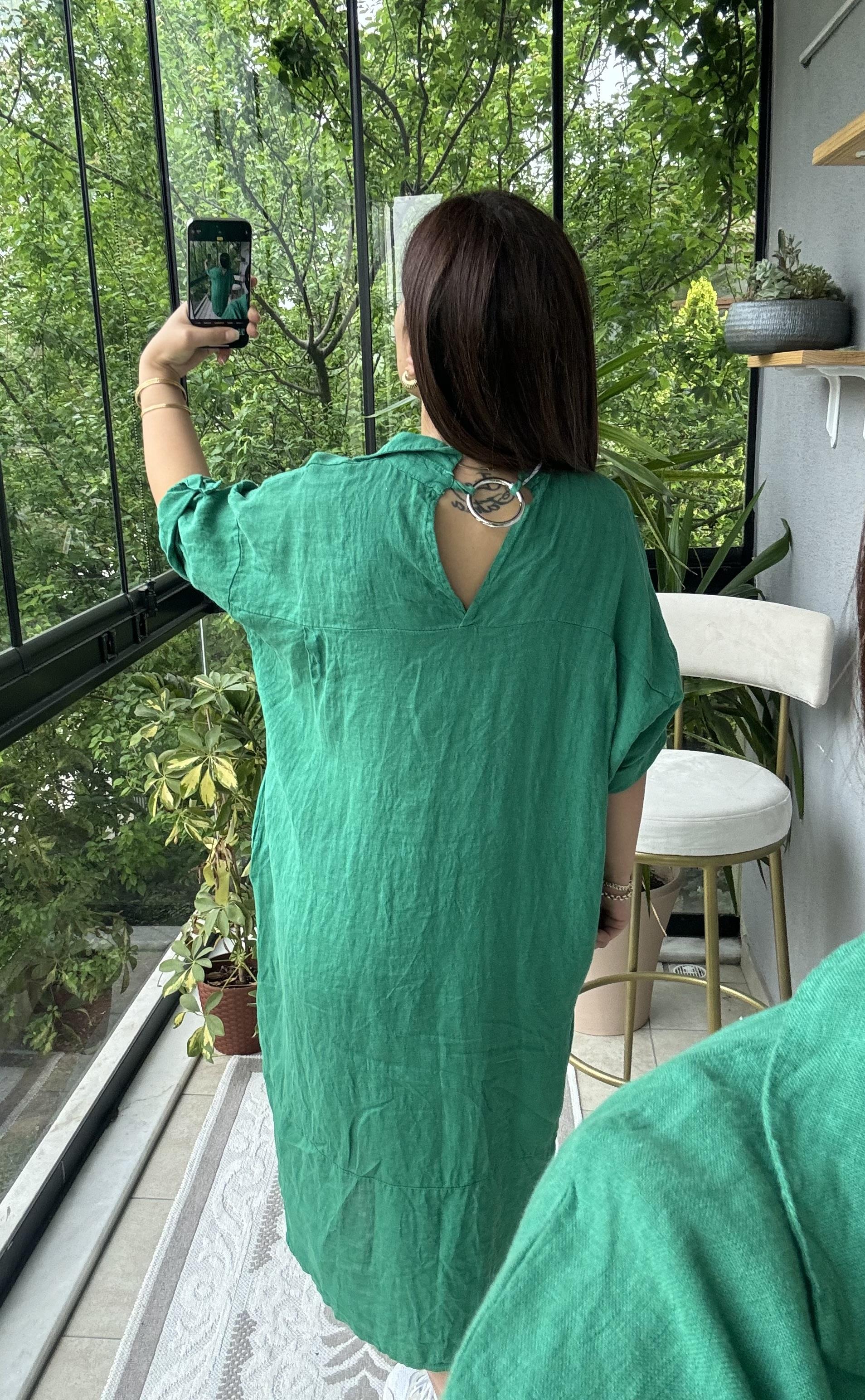 Halkalı Uzun Keten Elbise Yeşil