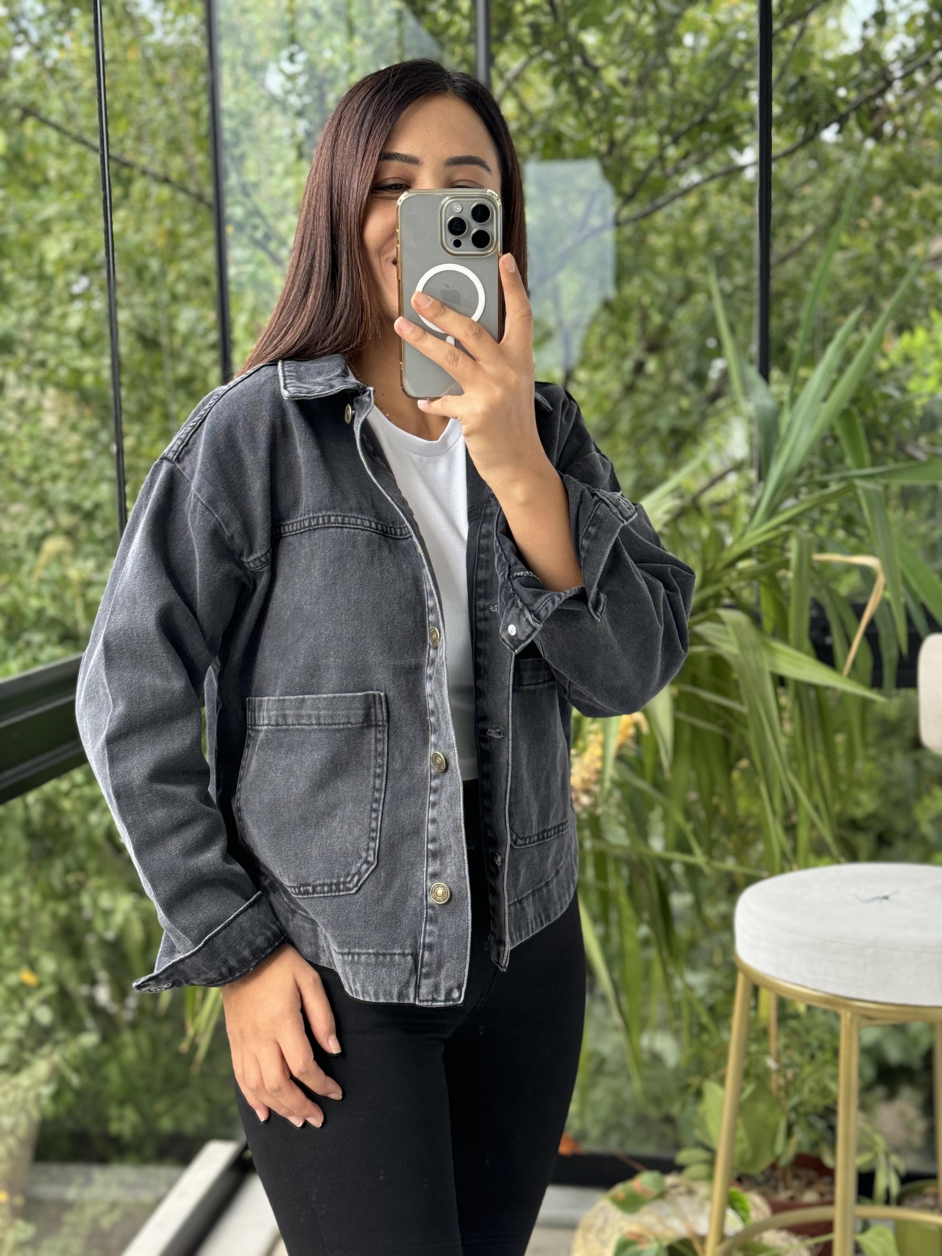 İki Cepli Denim Ceket Siyah