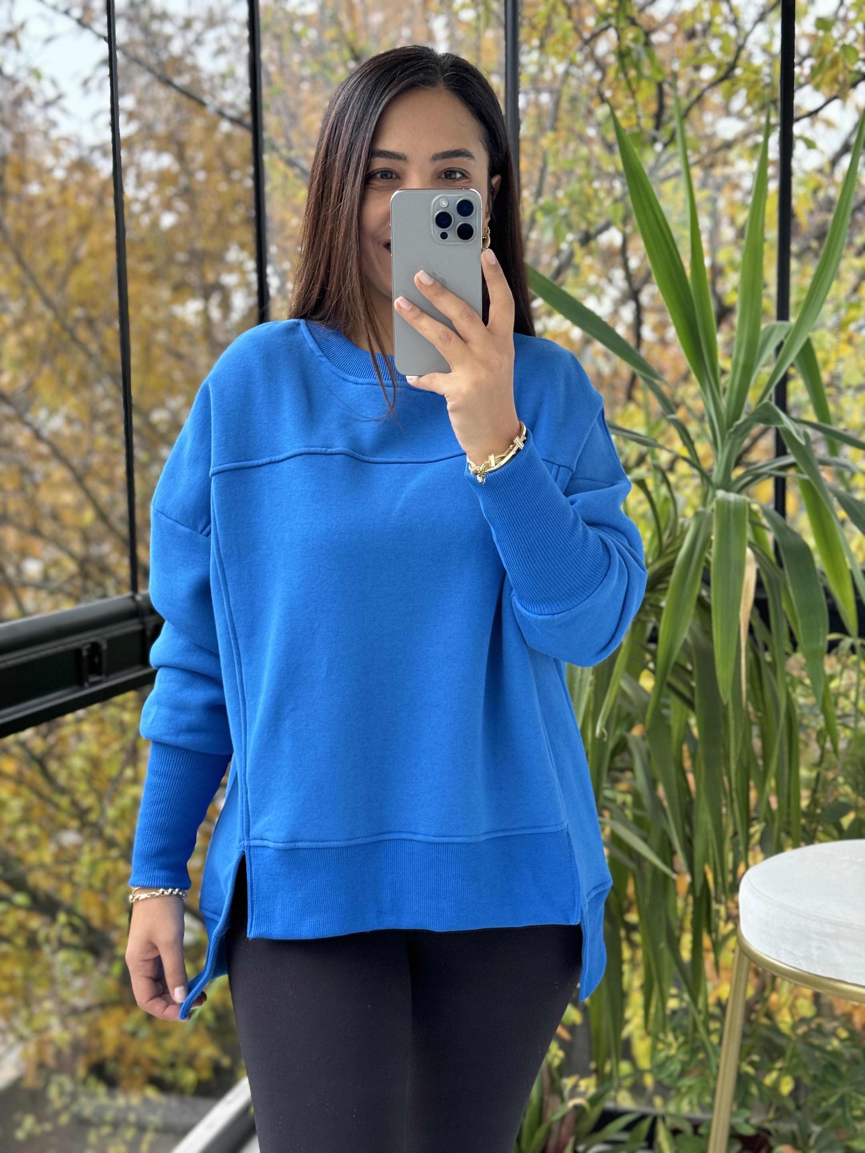 İki Önü Yırtmaçlı Sweatshirt Mavi