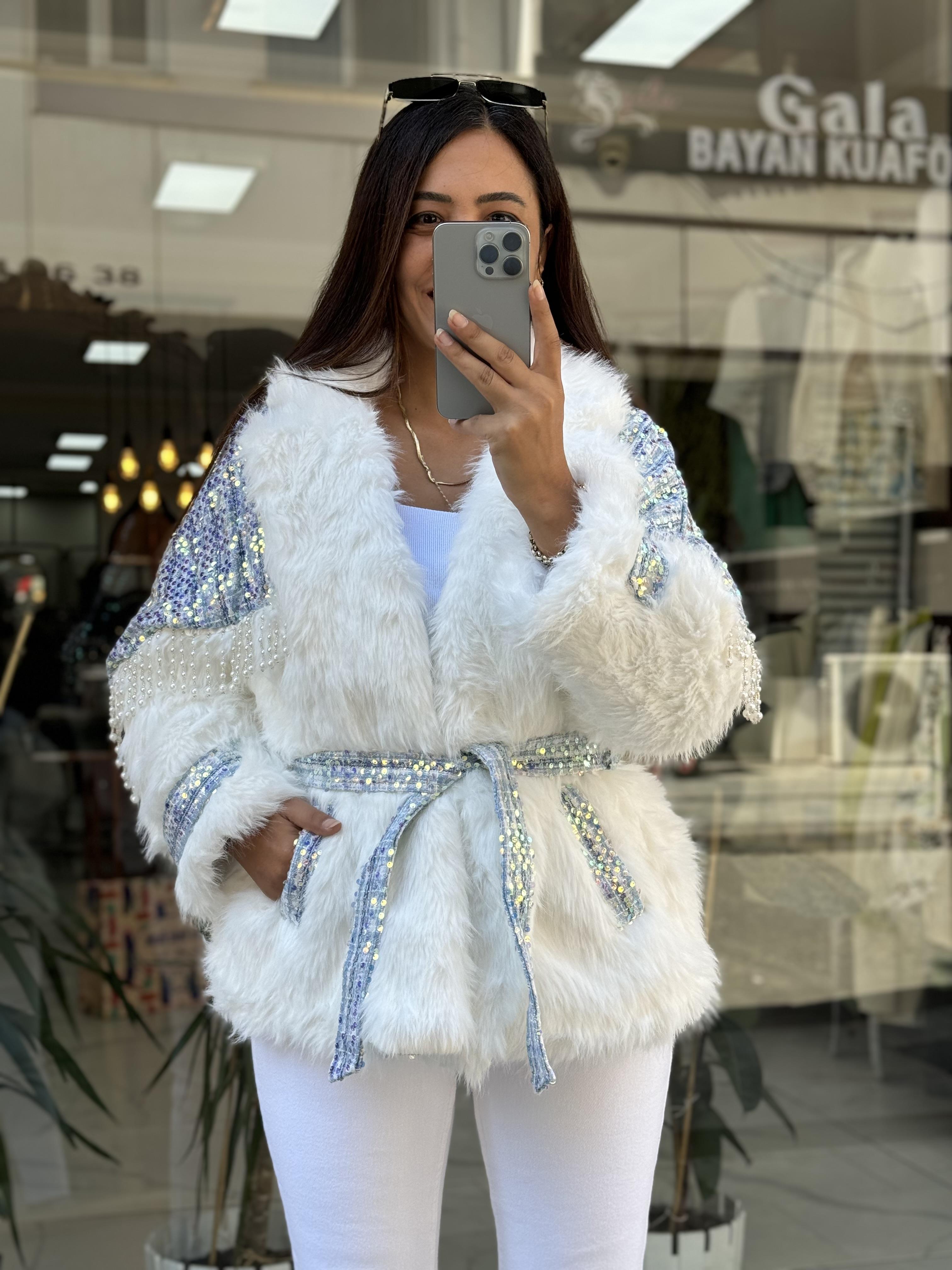 İthal İncili Kürklü Mont Mavi