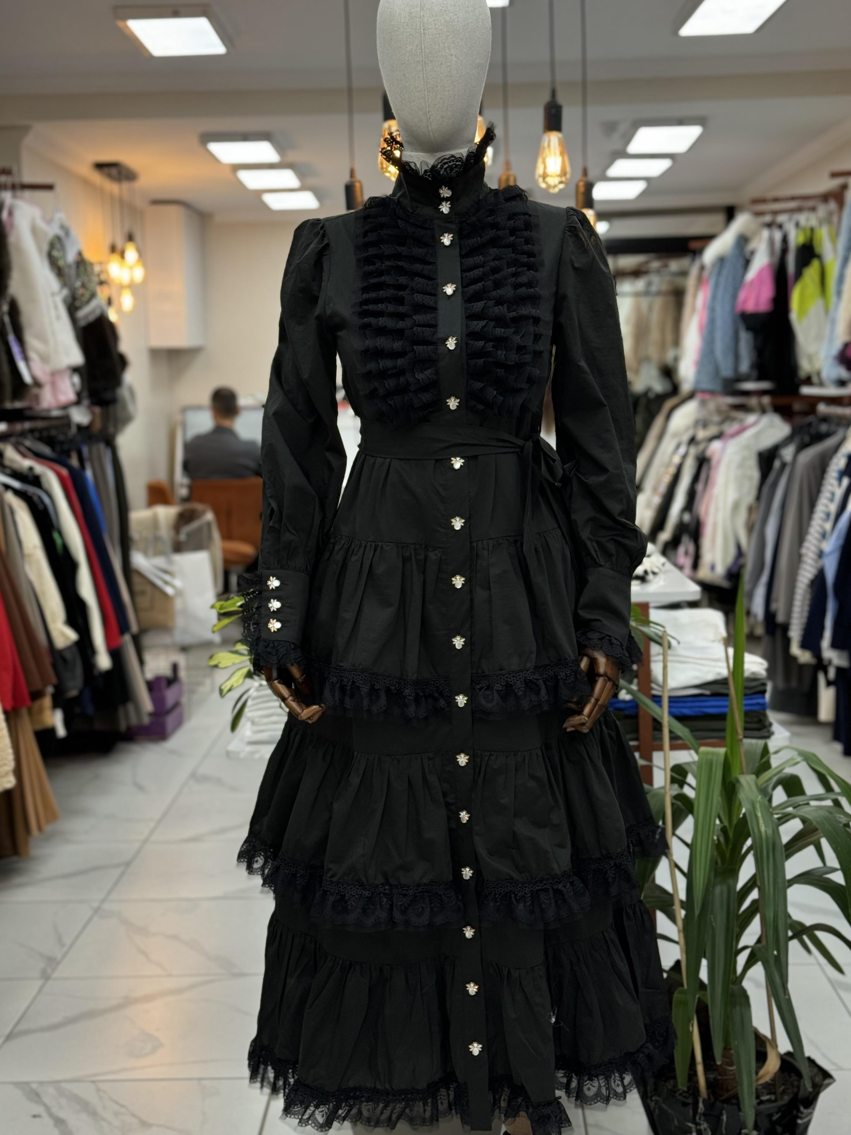 İthal Katlı Düğme Detay Elbise Siyah