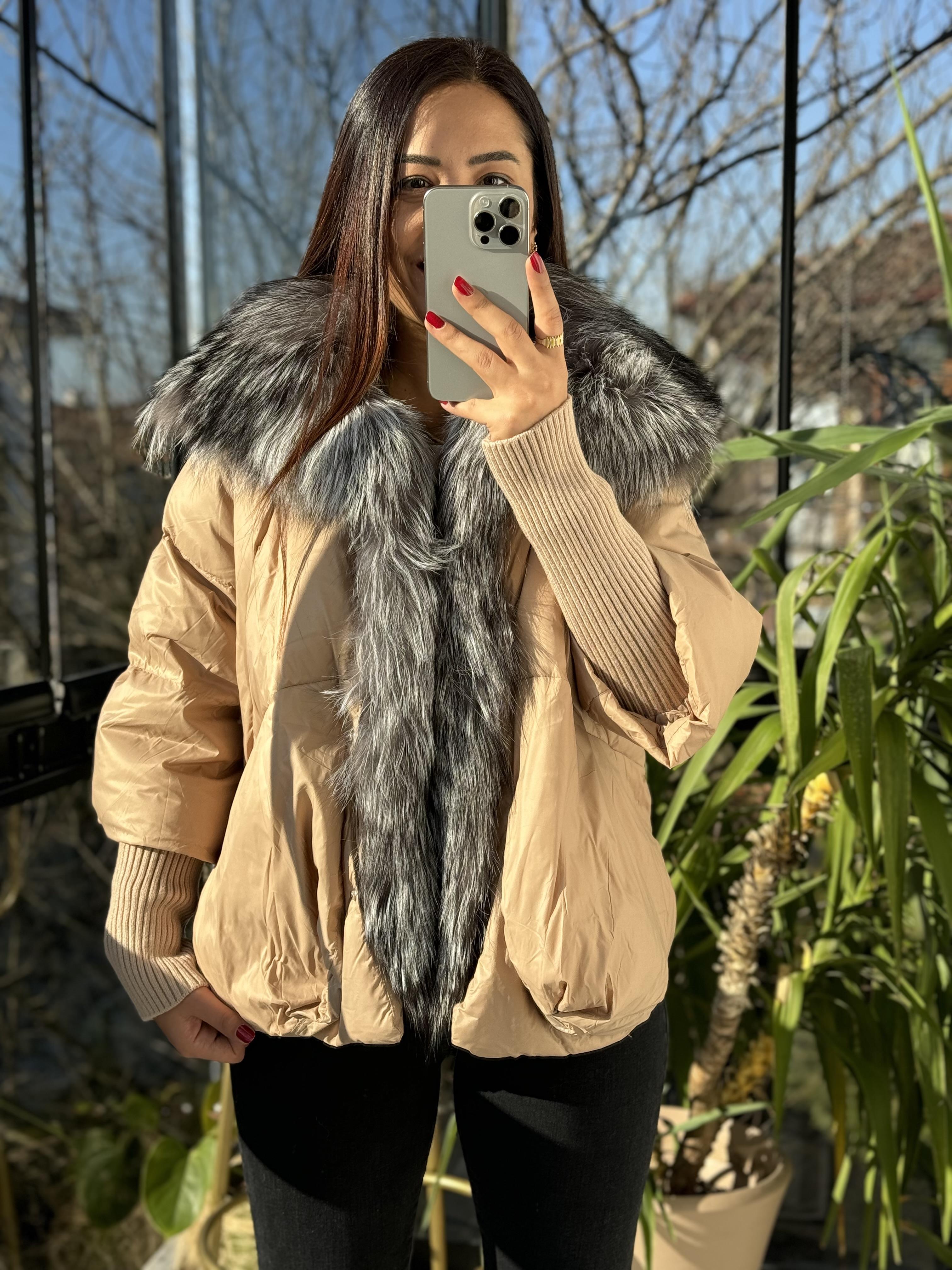 İthal Kürklü Kol Detaylı Şişme Mont Kahve