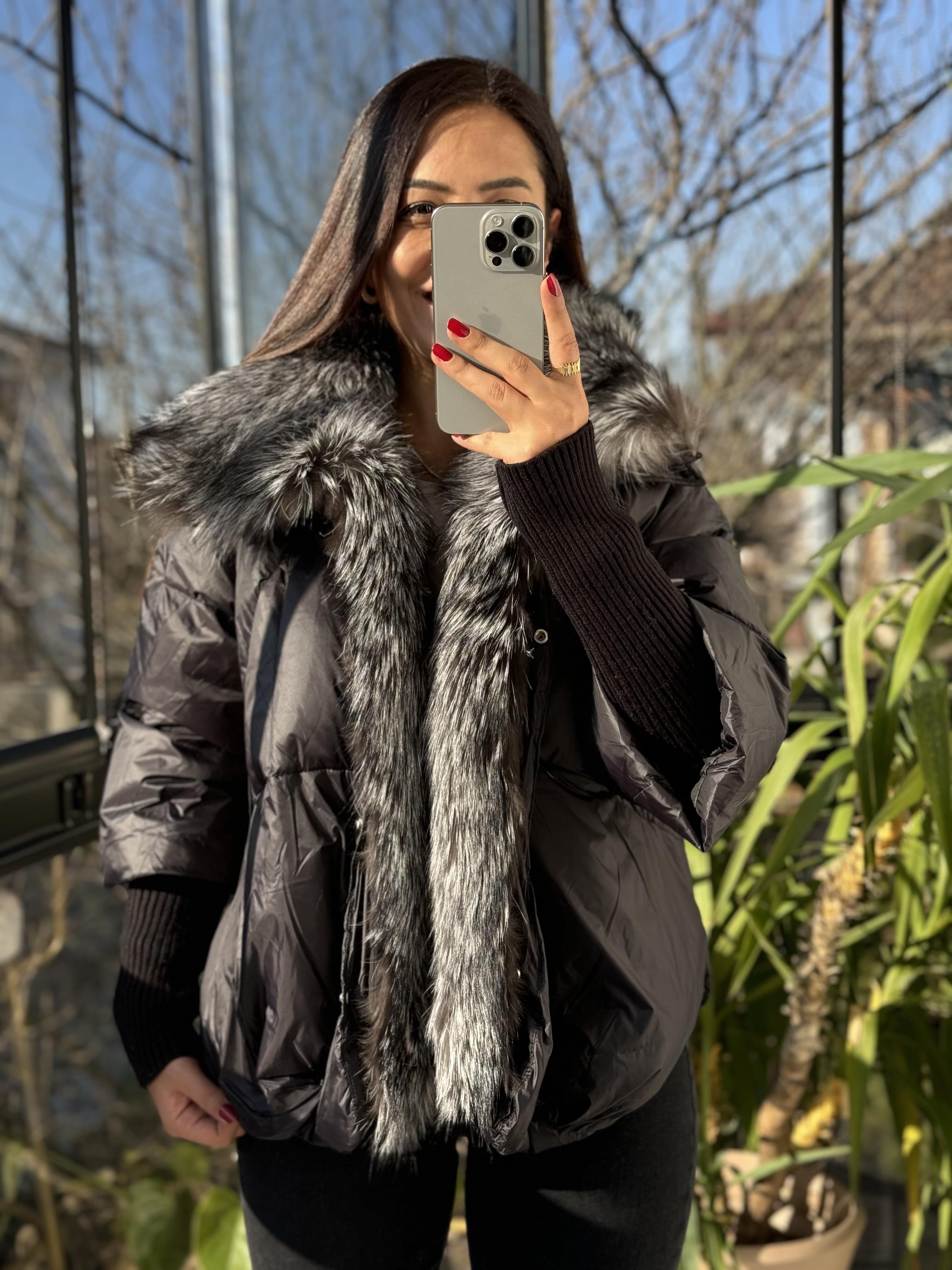 İthal Kürklü Kol Detaylı Şişme Mont Siyah