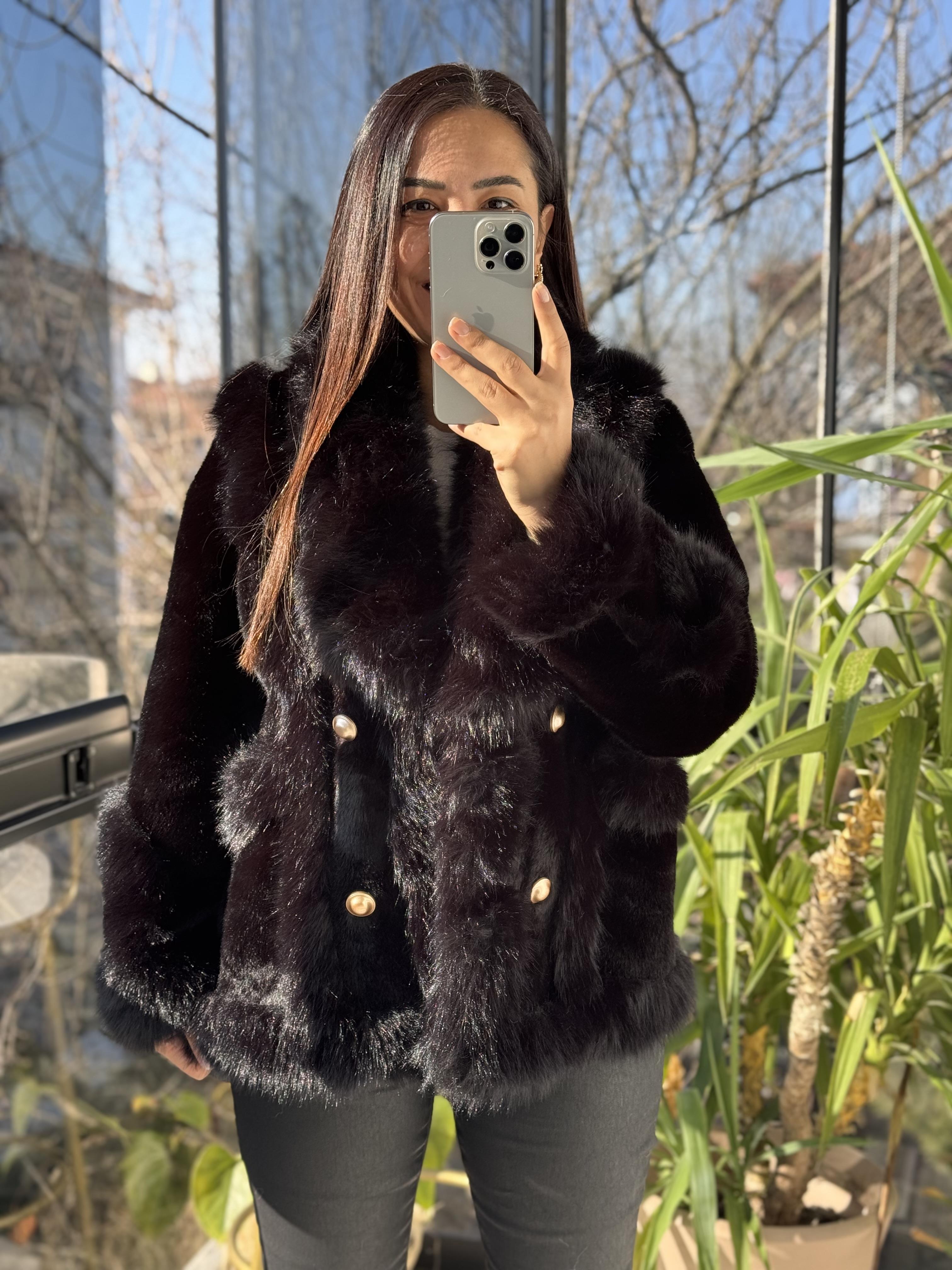 İthal Önü Cepli Kürk Mont Siyah