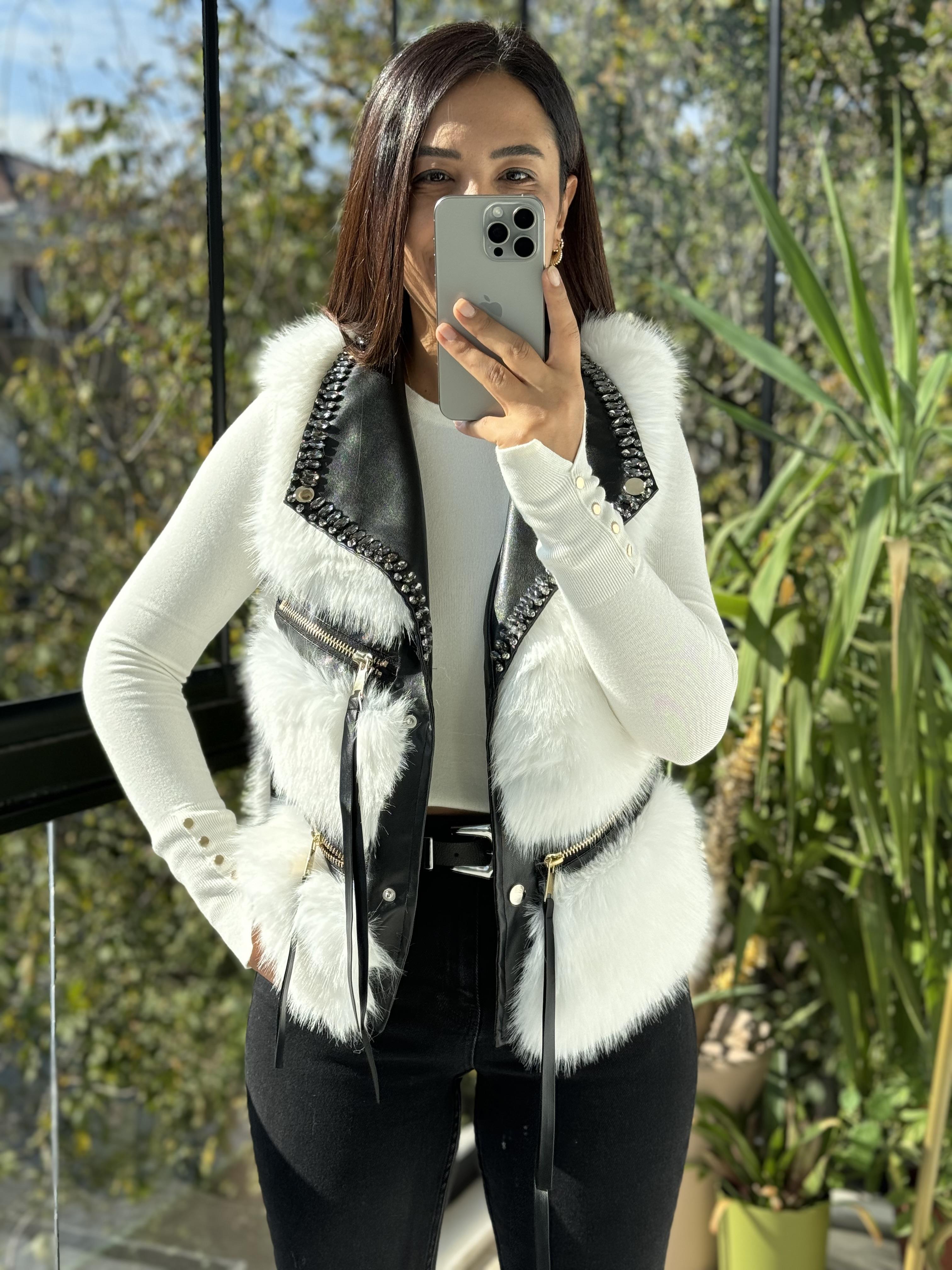 İthal Taşlı fermuarlı Kürklü Yelek Siyah-Beyaz