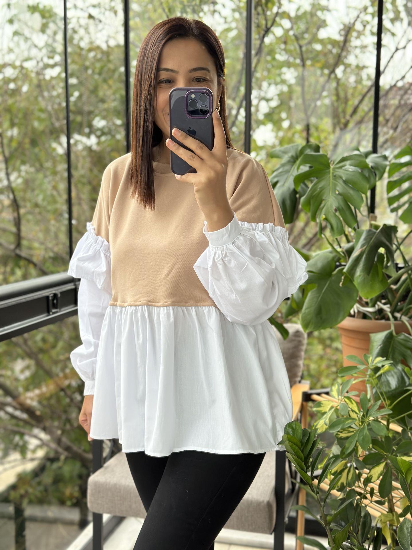 Kahve Altı ve Kolları Poplin Kumaş Tasarım Sweatshirt