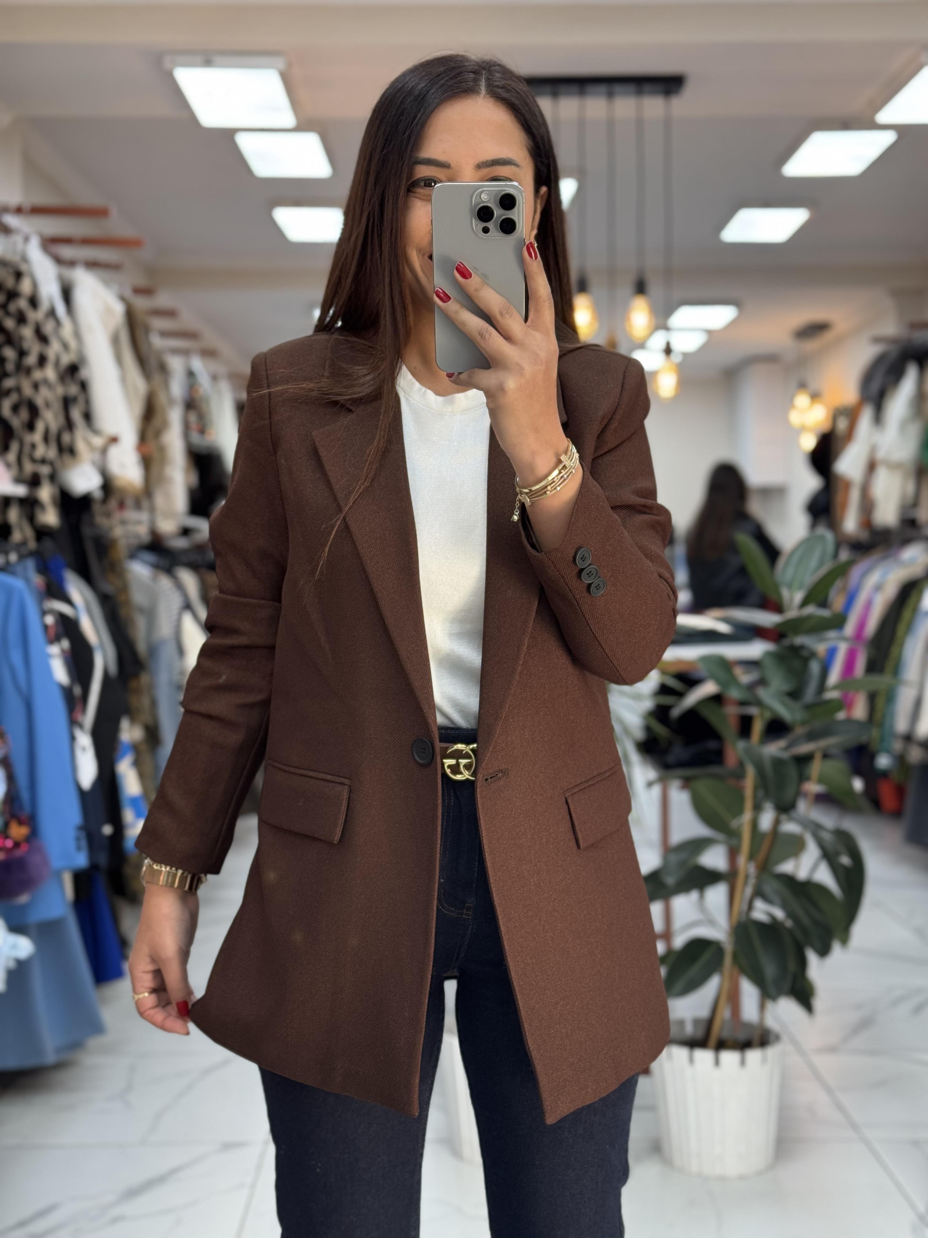 Kahve Yün Efekt Kumaş Blazer Ceket
