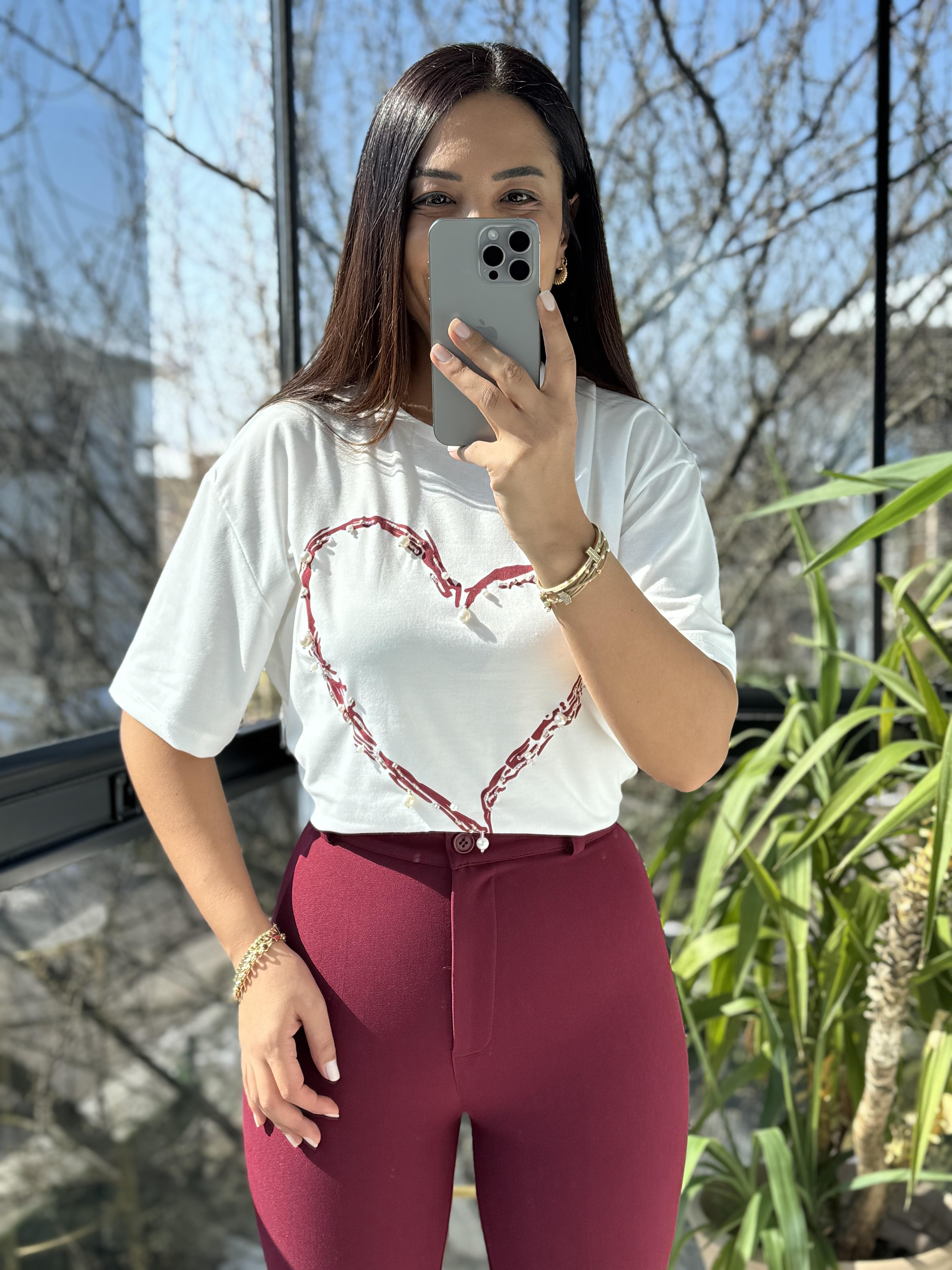 Kalp İncili Tişört Bordo