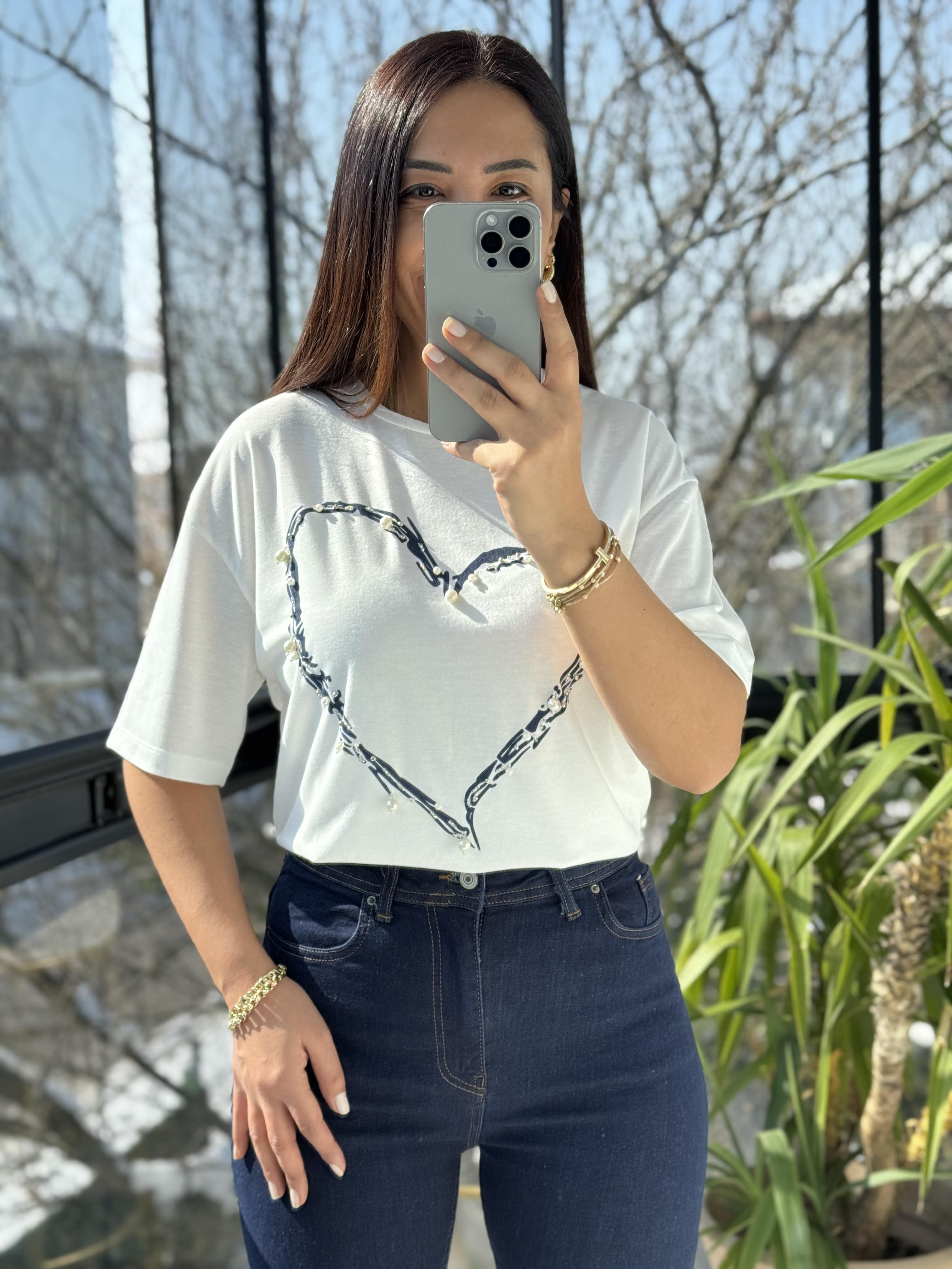 Kalp İncili Tişört Lacivert