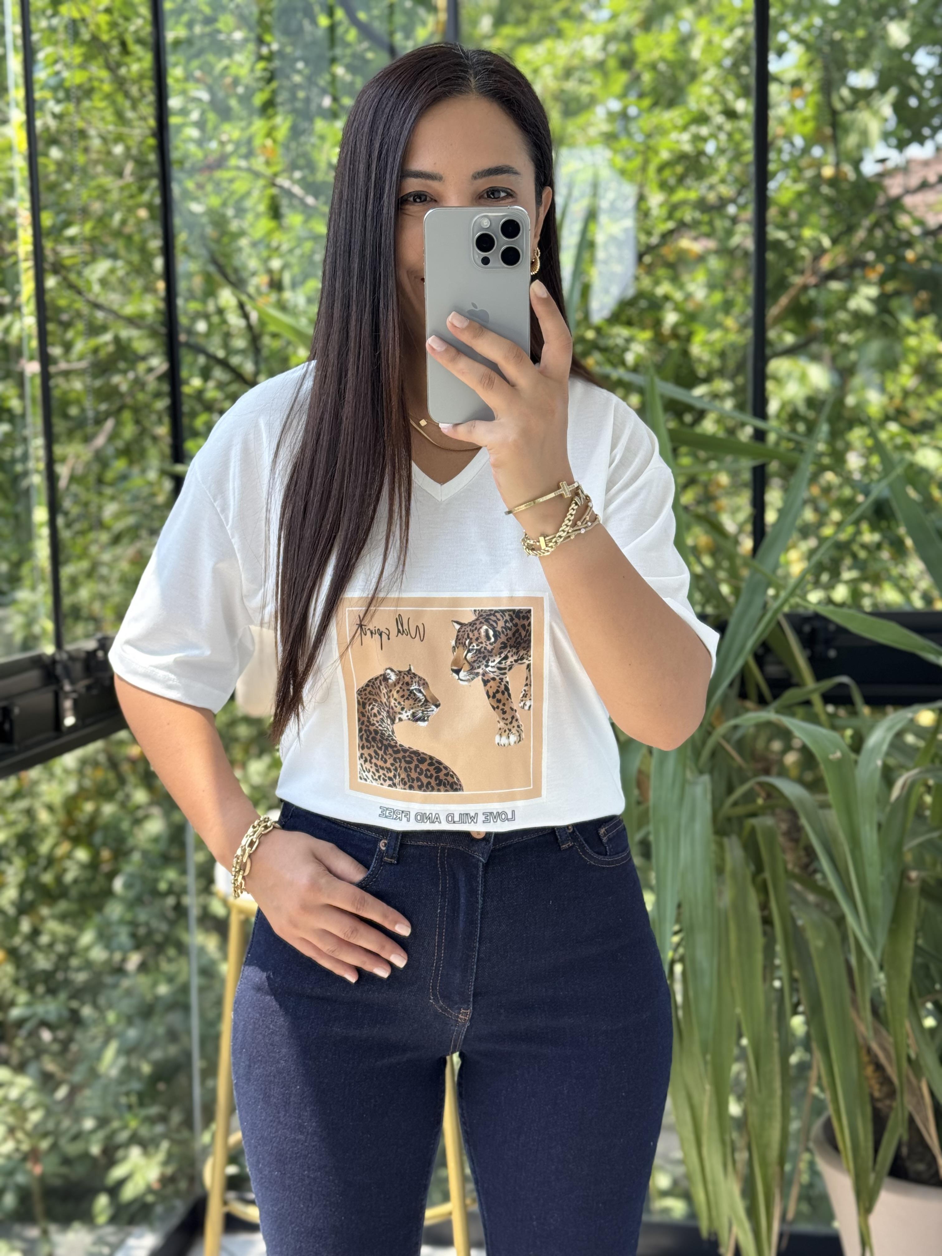 Kaplan Baskılı Tişört Ekru