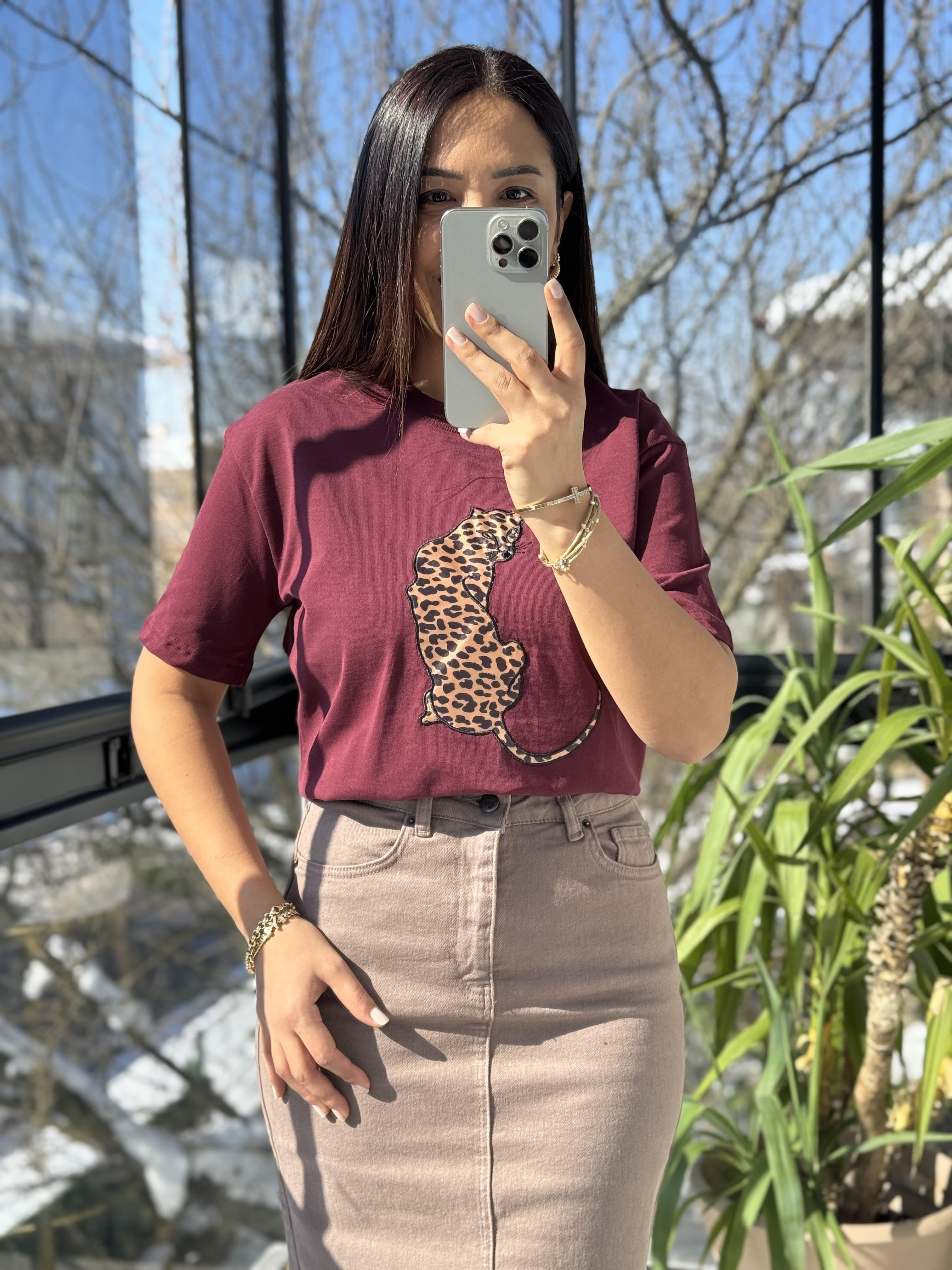 Kaplanlı Pamuklu Tişört Bordo