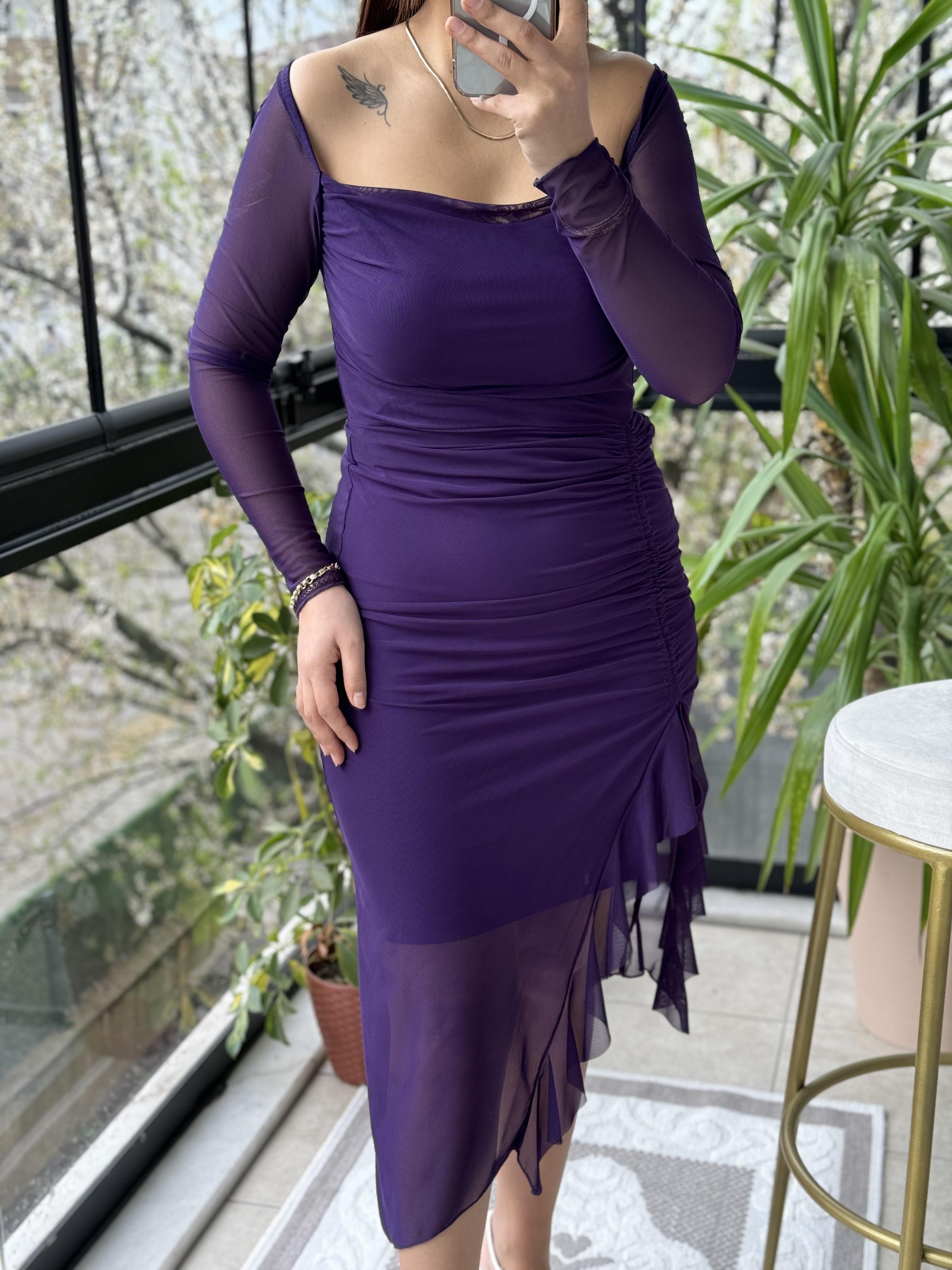 Kare Yaka Tül Elbise Mor