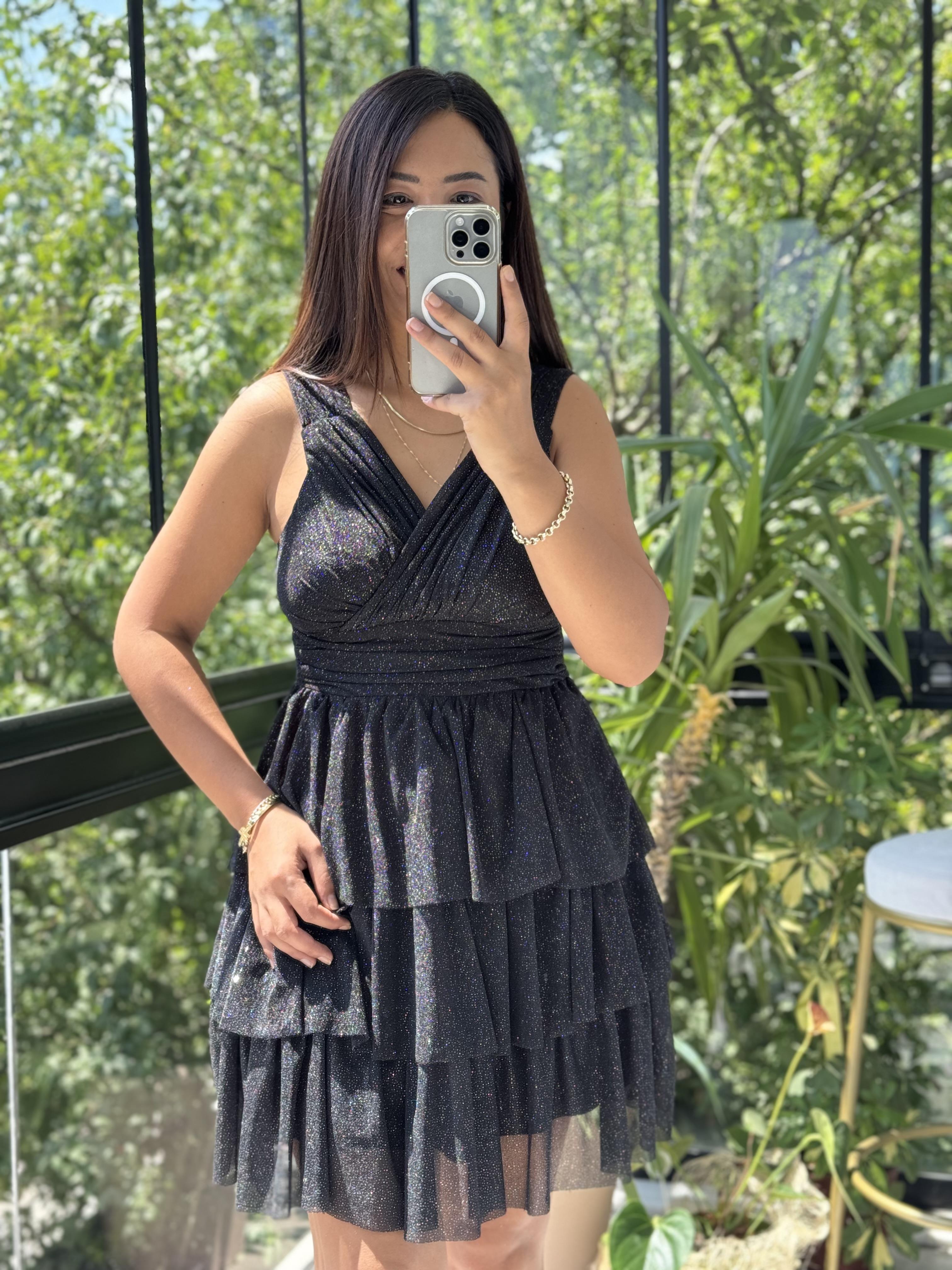 Katlı Etek Simli Tül Abiye Siyah