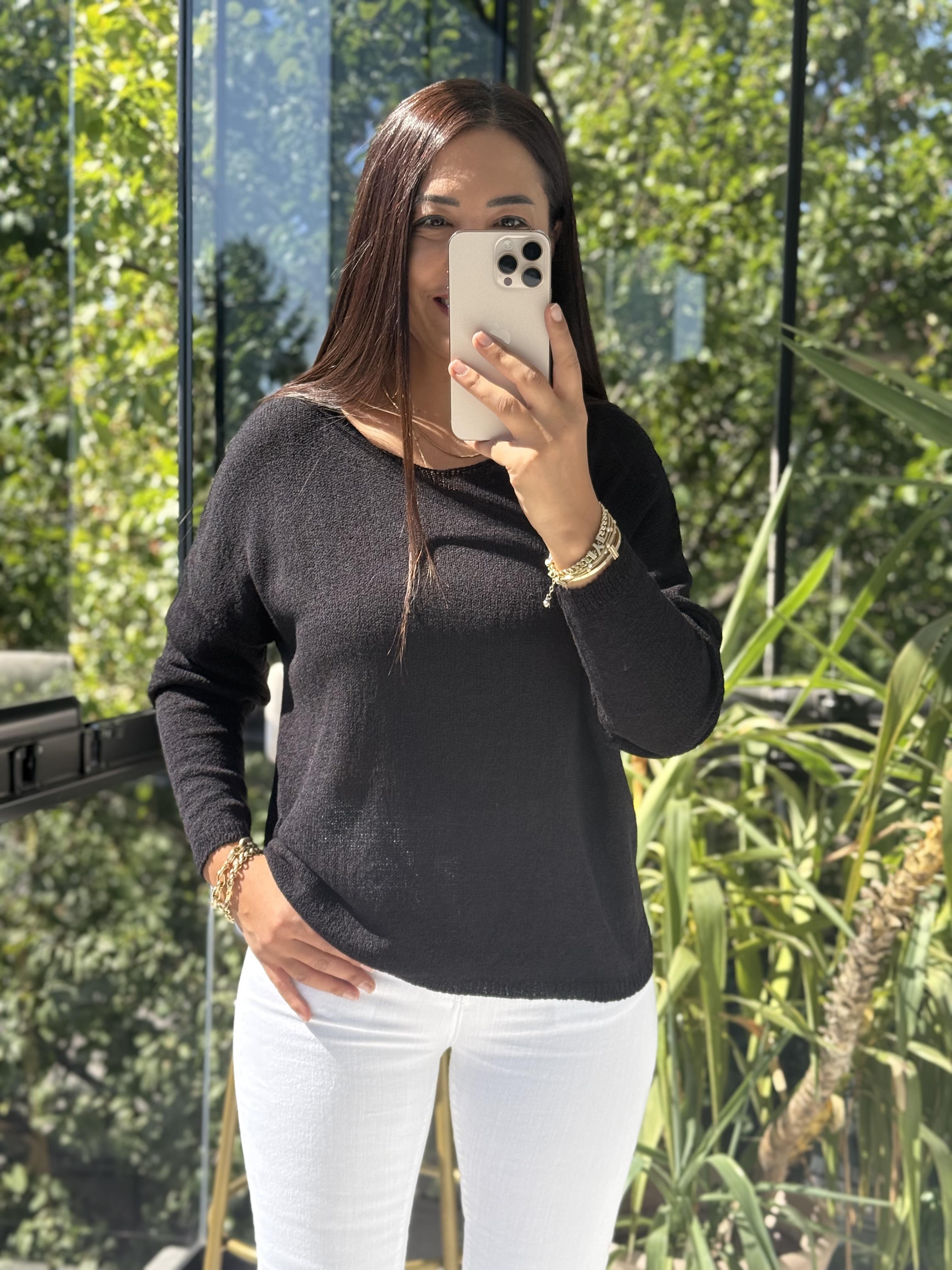 Kayık Yaka İnce Triko Siyah