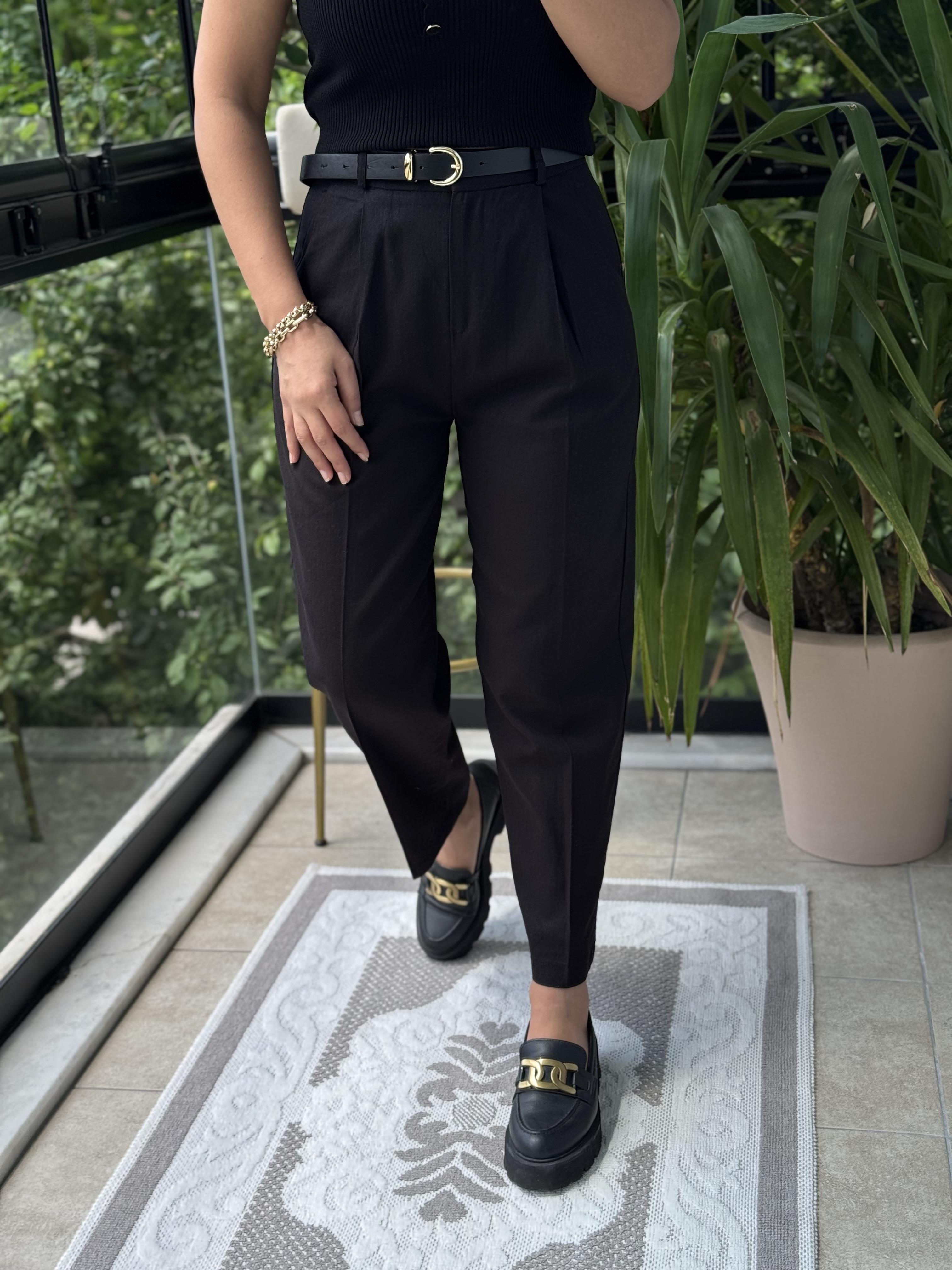 Kemerli Keten Pantolon Siyah