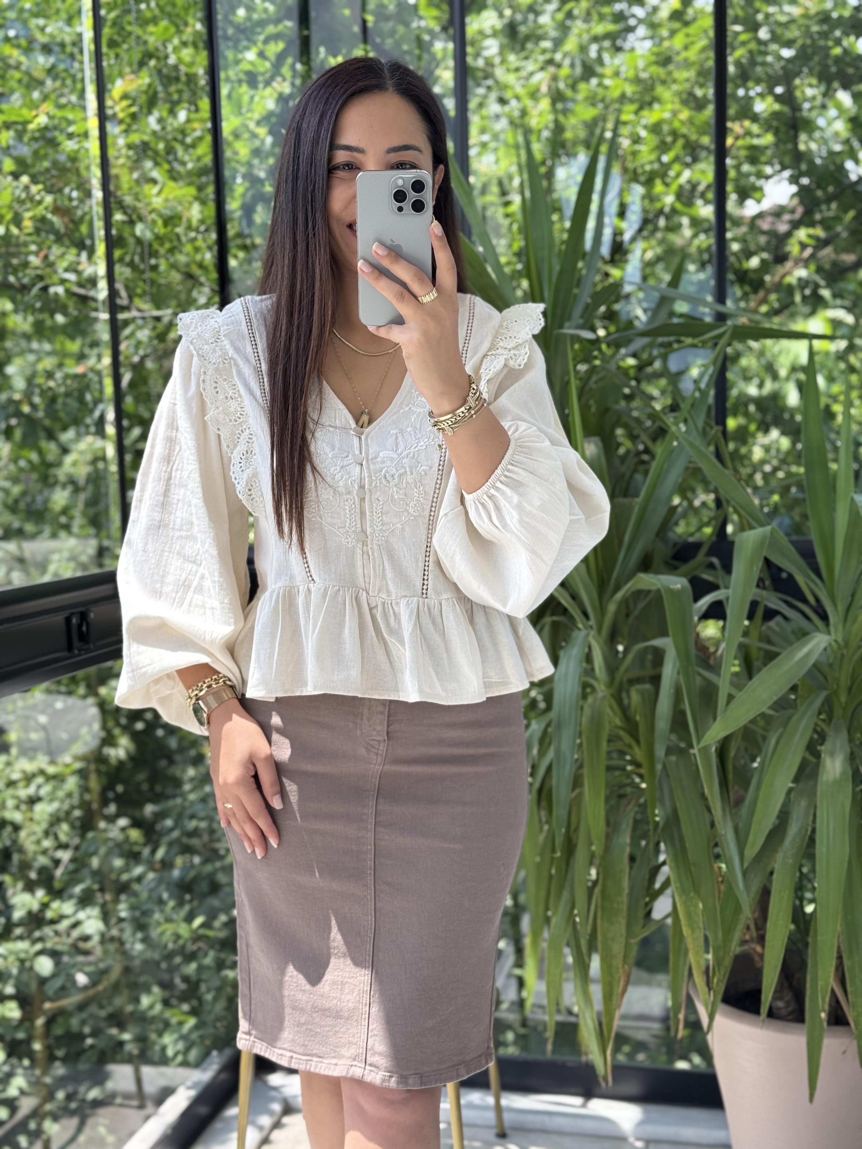 Keten Fırfırlı Bluz Bej