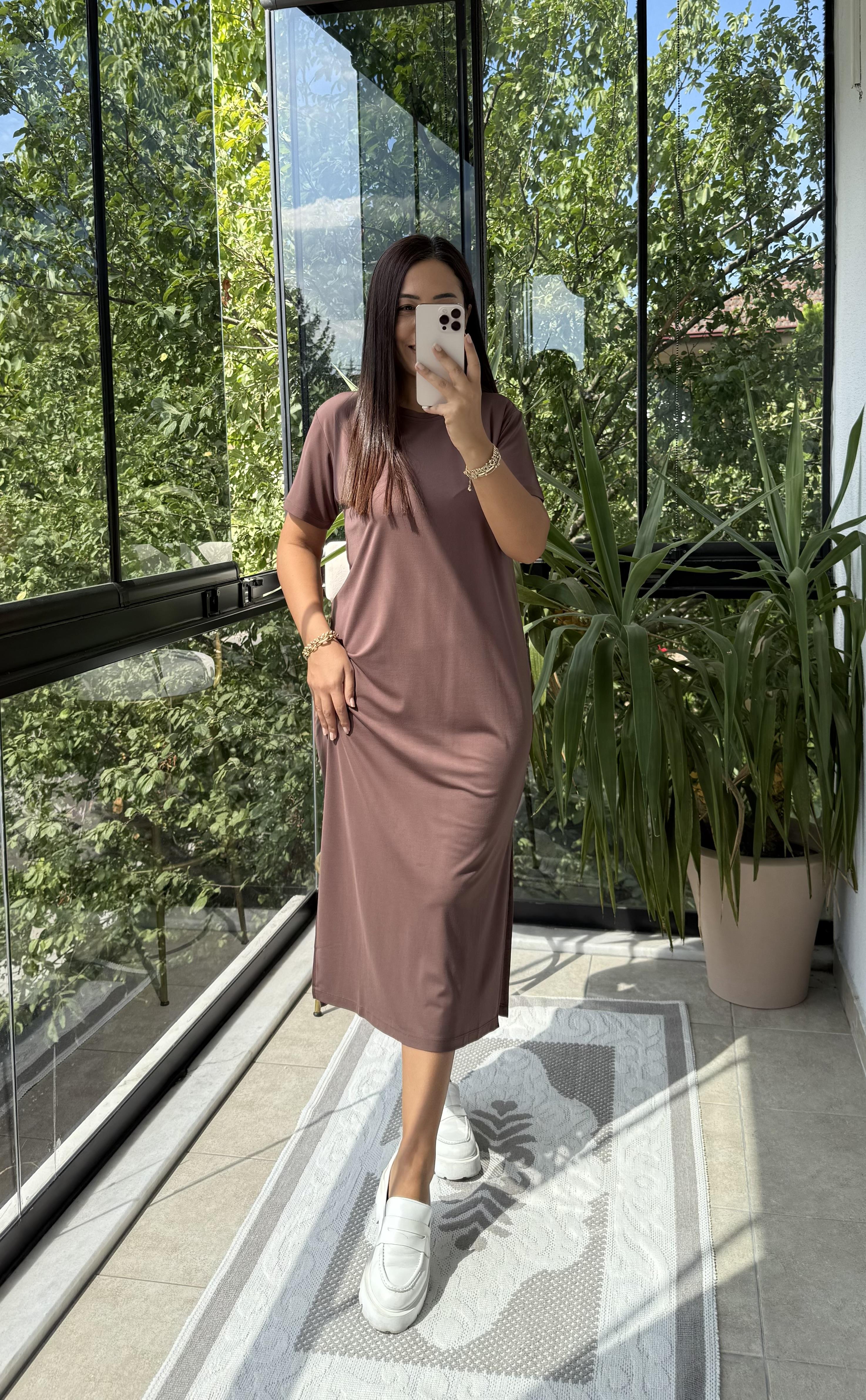 Kısa Kol Oysh Elbise Kahve