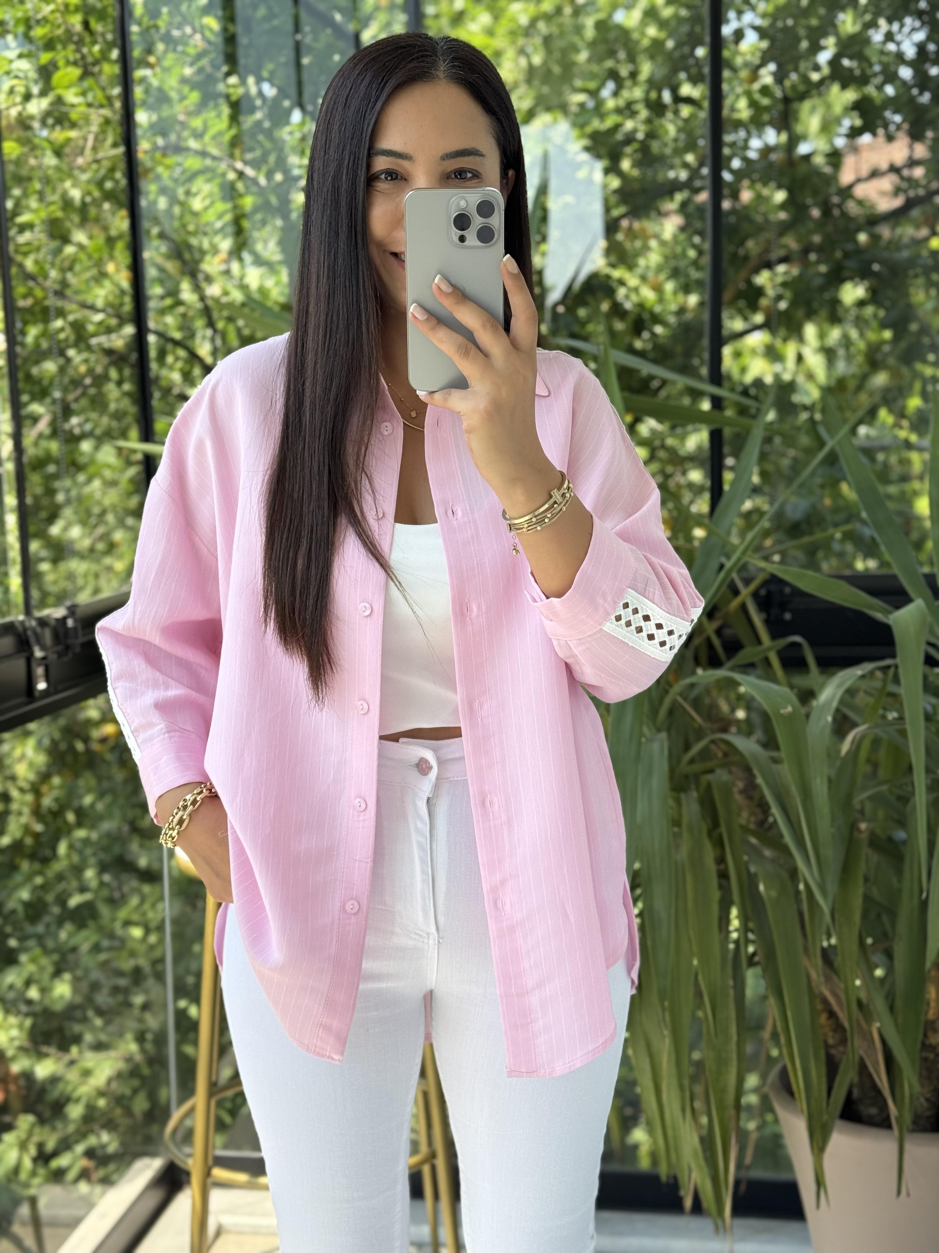 Kol Detaylı Çizgili Gömlek Pembe