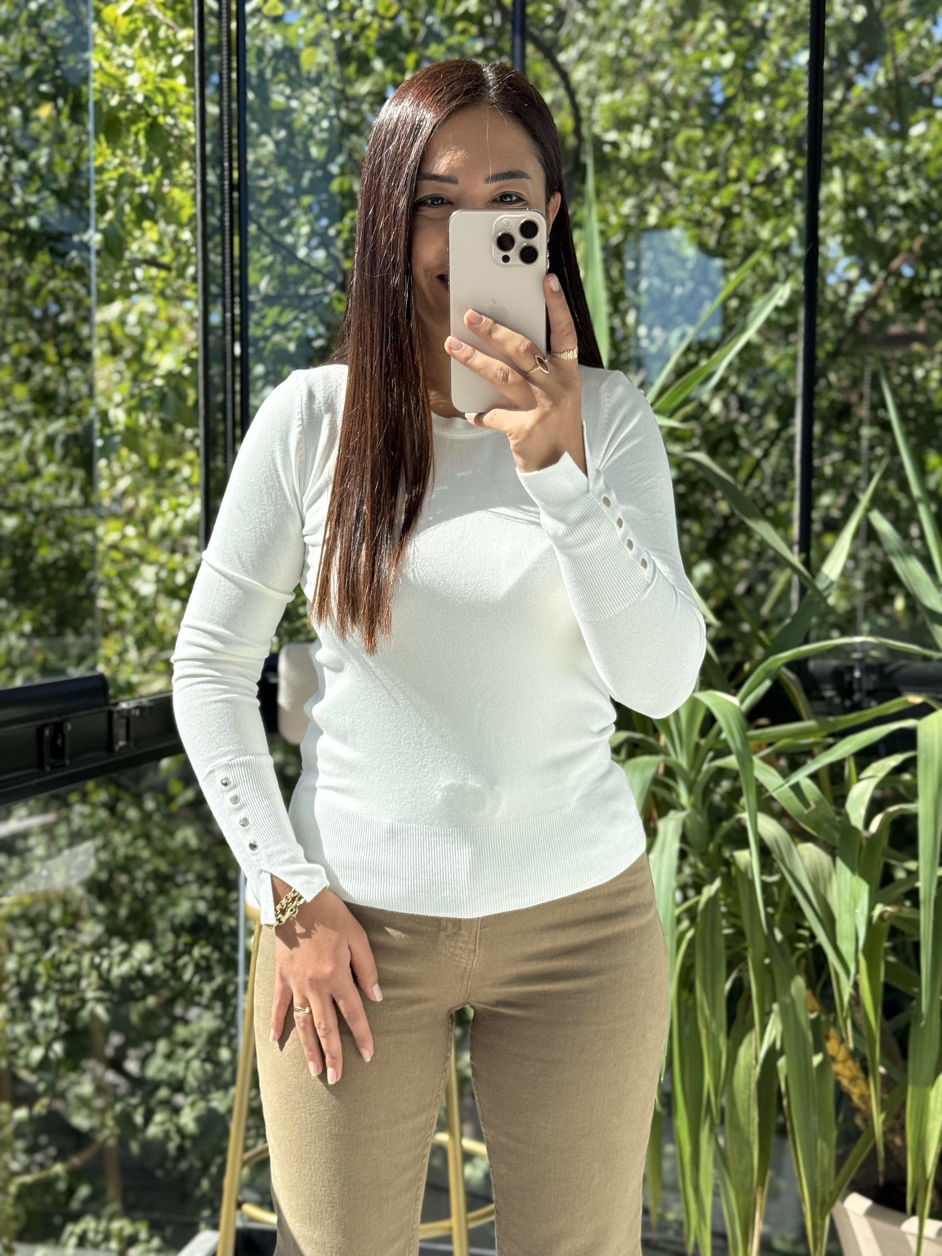 Dilvin Kol Ortası Droplu Triko Kazak Ekru