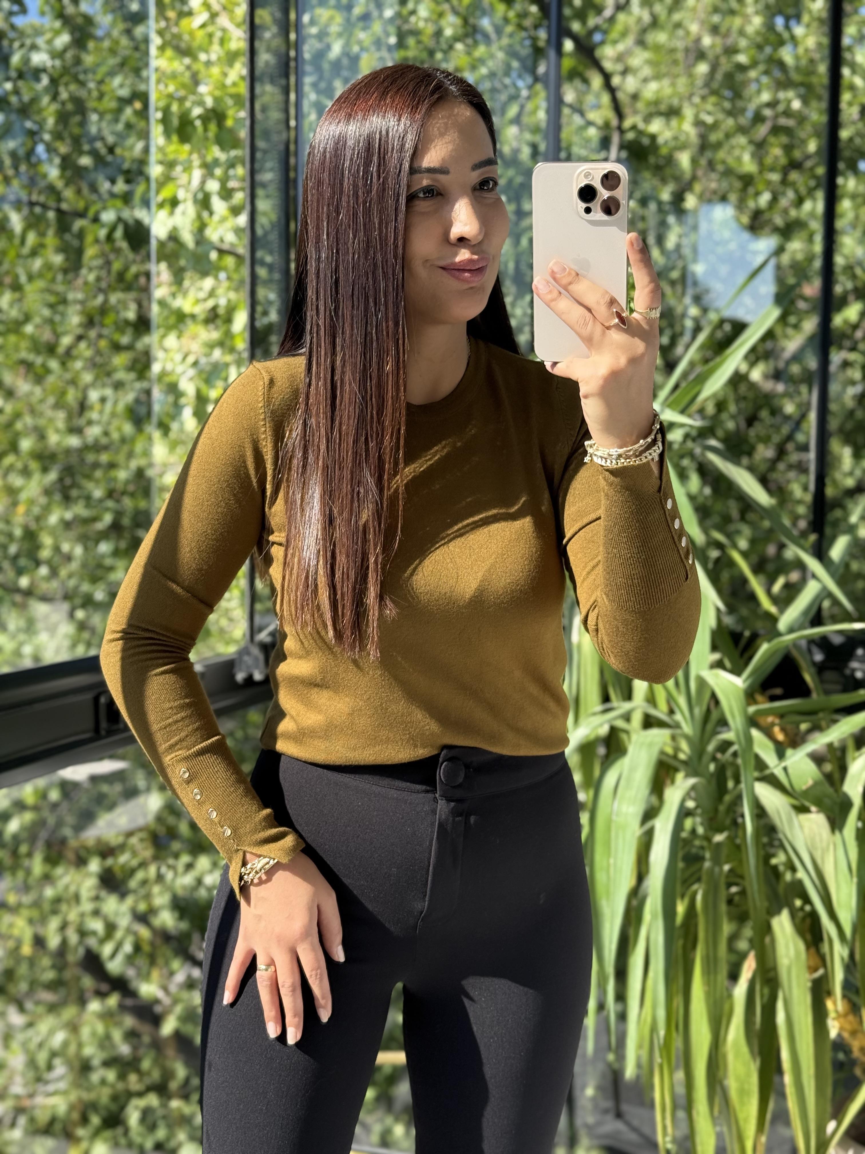 Dilvin Kol Ortası Droplu Triko Kazak Yağ Yeşili