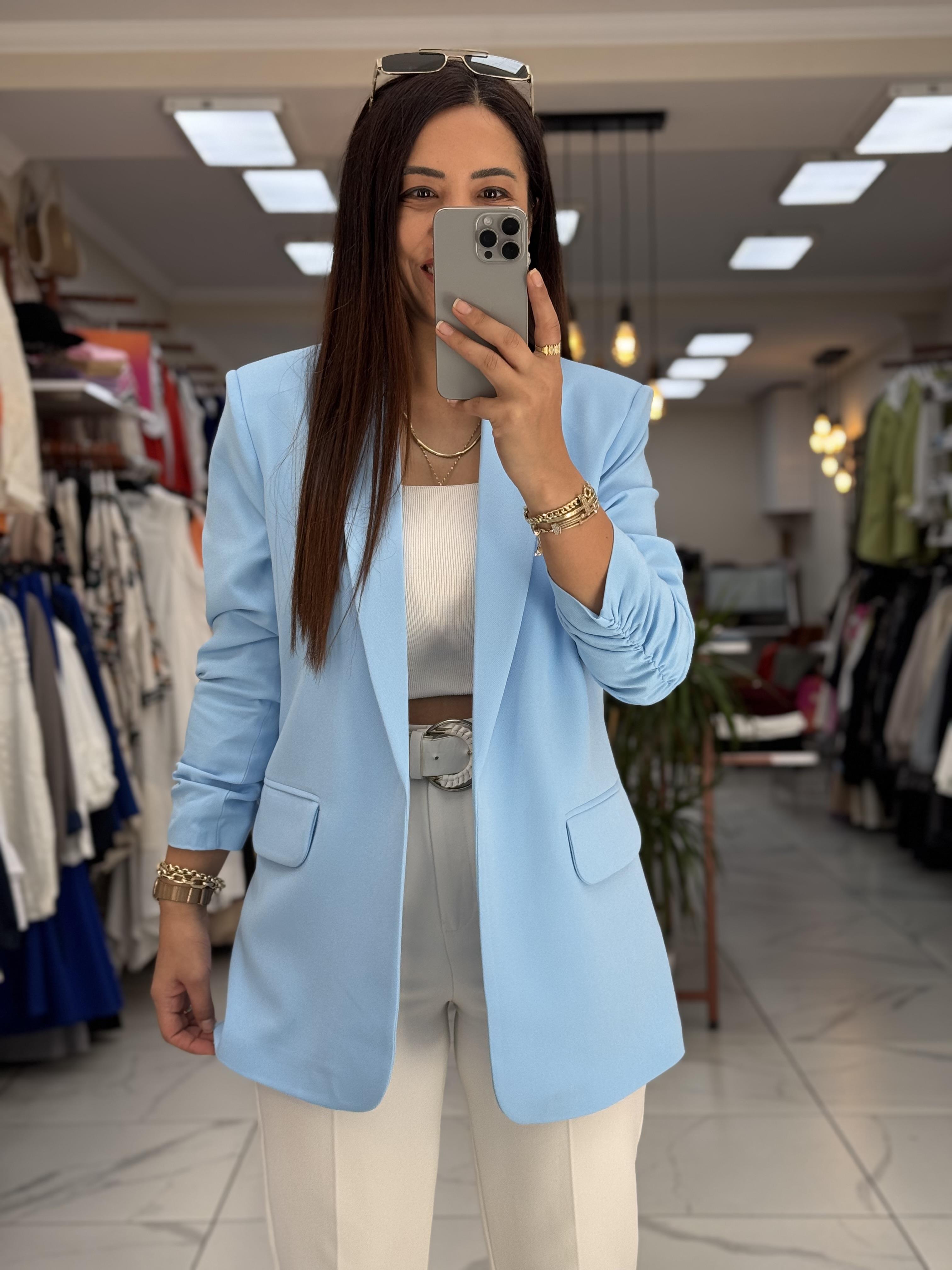 Kolu Büzgülü Blazer Ceket Bebe Mavi