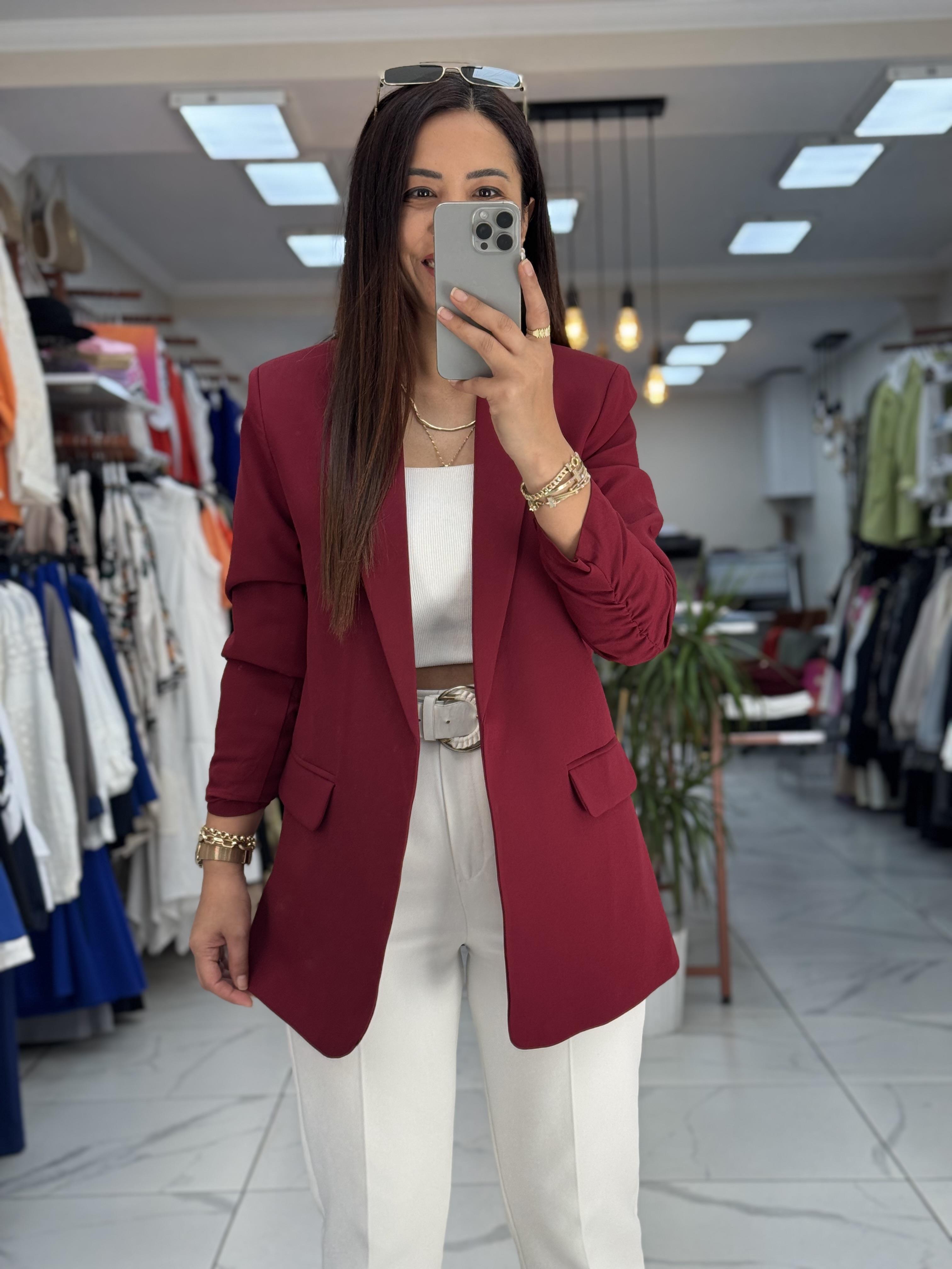 Kolu Büzgülü Blazer Ceket Bordo