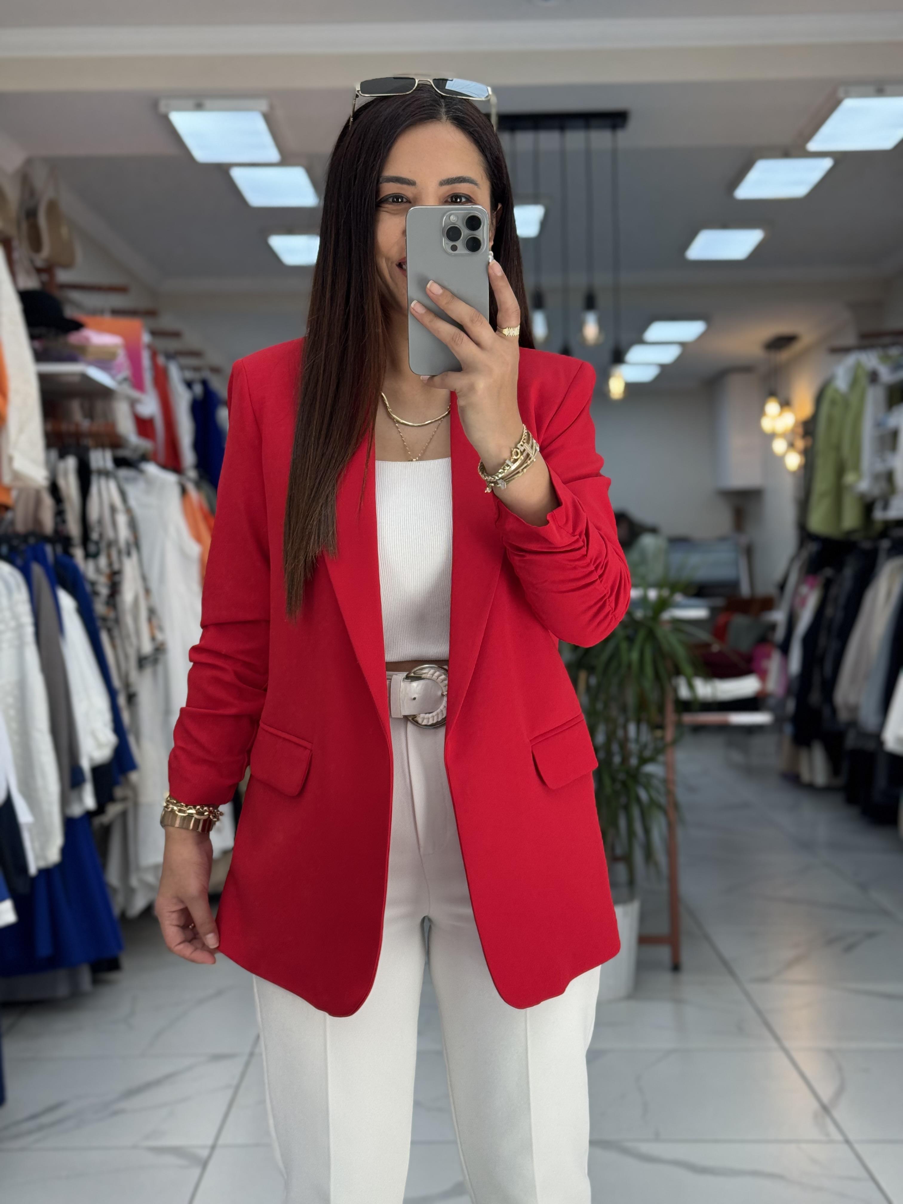 Kolu Büzgülü Blazer Ceket Kırmızı