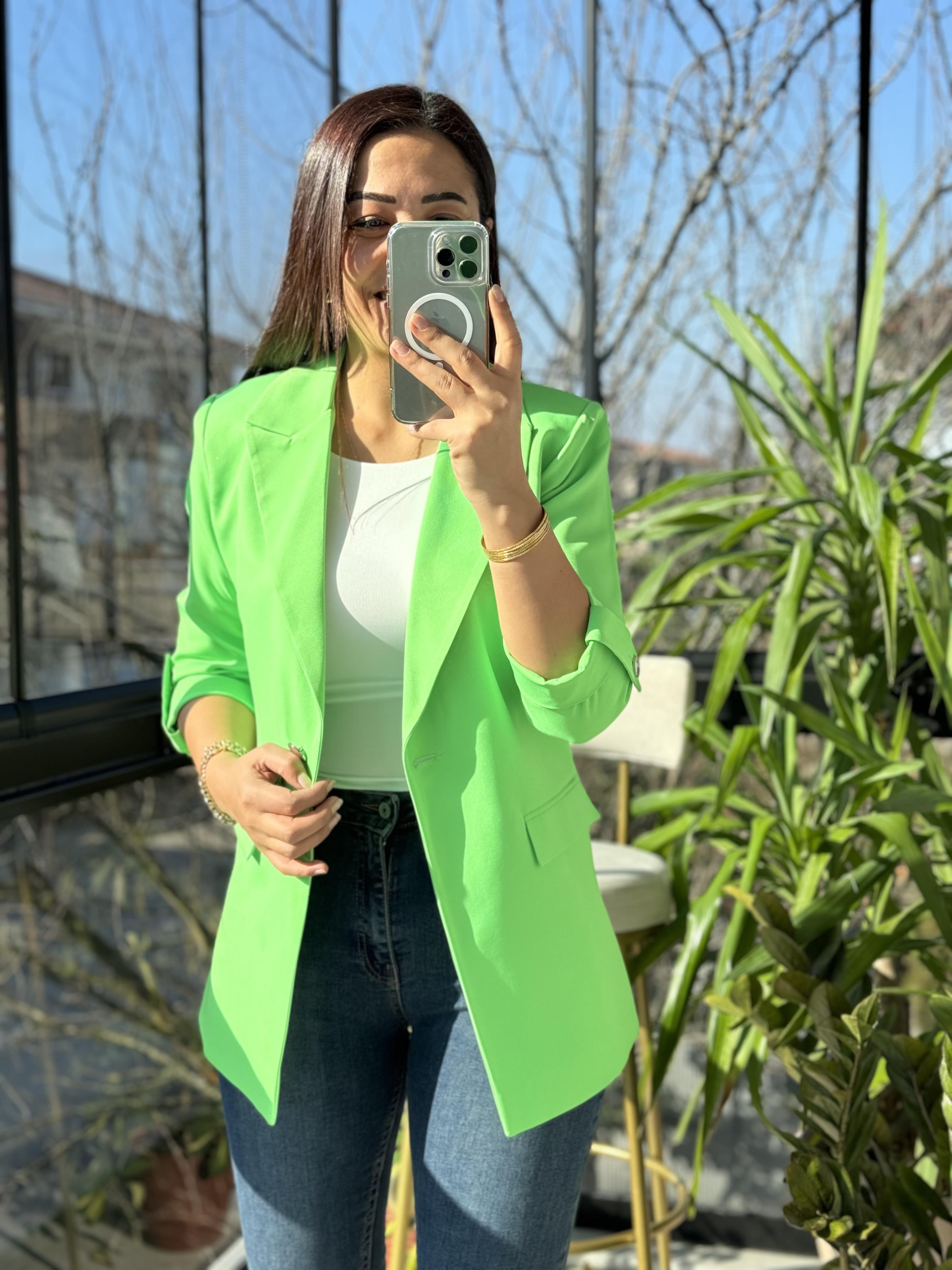 Kolu Düğmeli Blazer Ceket Açık Yeşil