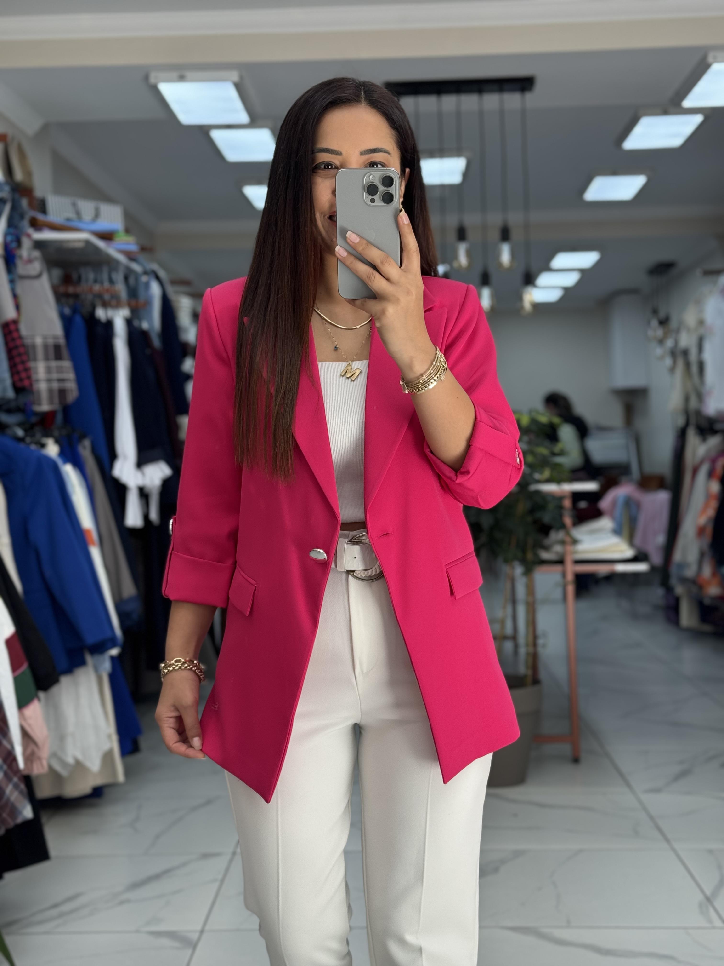 Kolu Düğmeli Blazer Ceket Fuşya