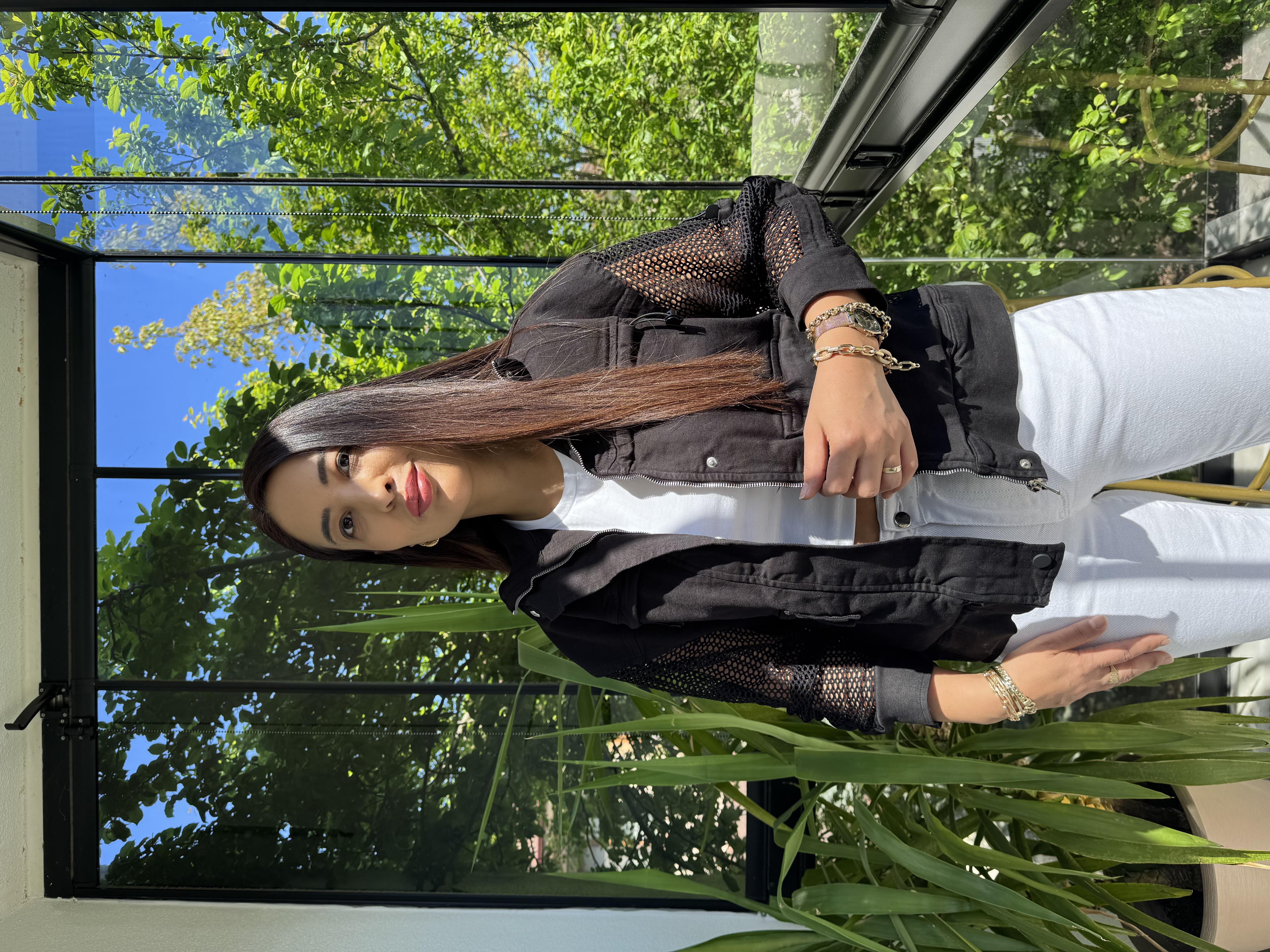 Kolu Fileli Gabardin Ceket Siyah