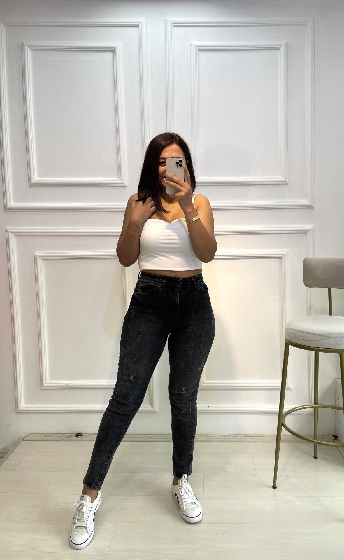 Koyu Antrasit Tırnaklı Likralı Mom Jean