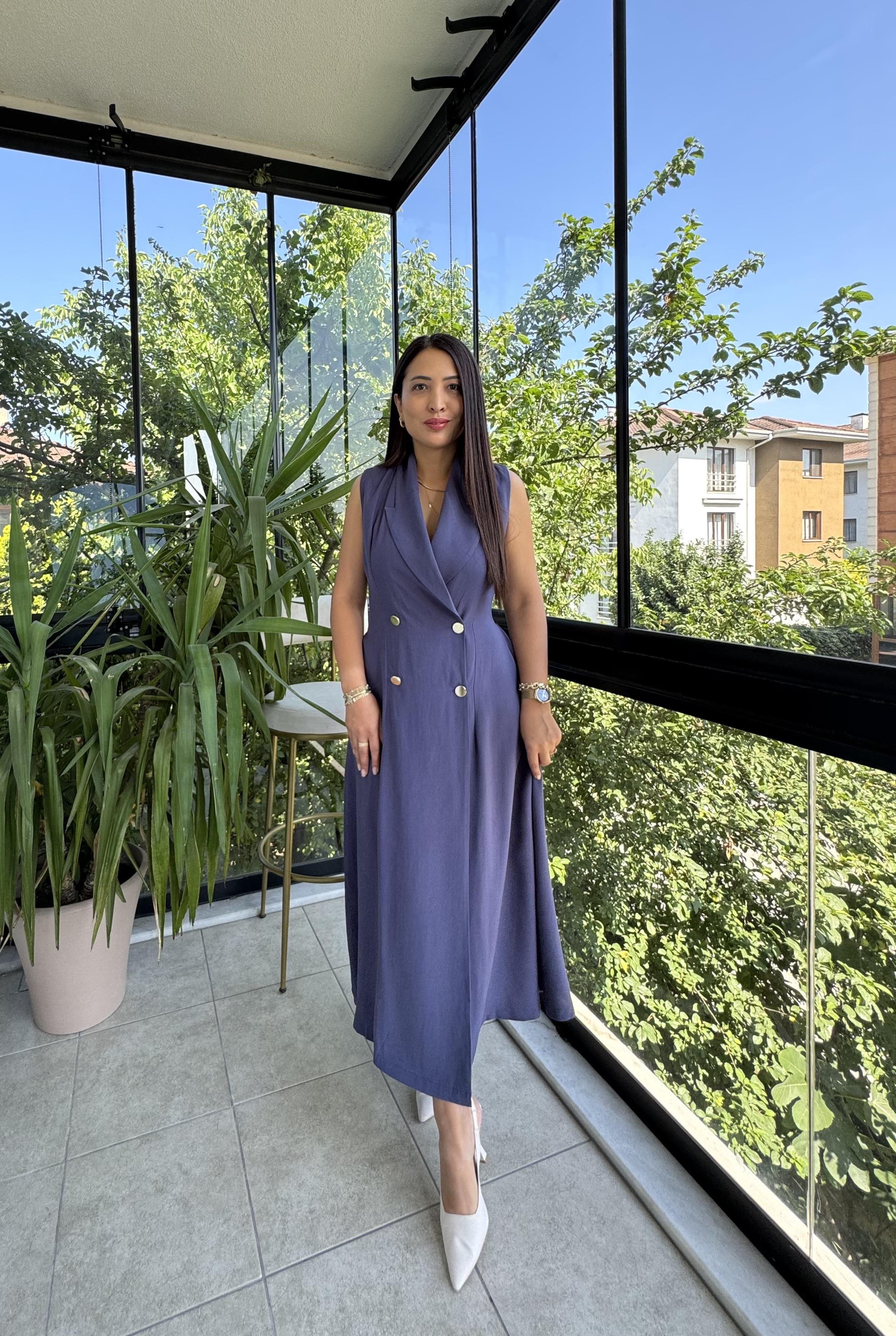 Kruvaz Gold Düğmeli Elbise İndigo Mavi