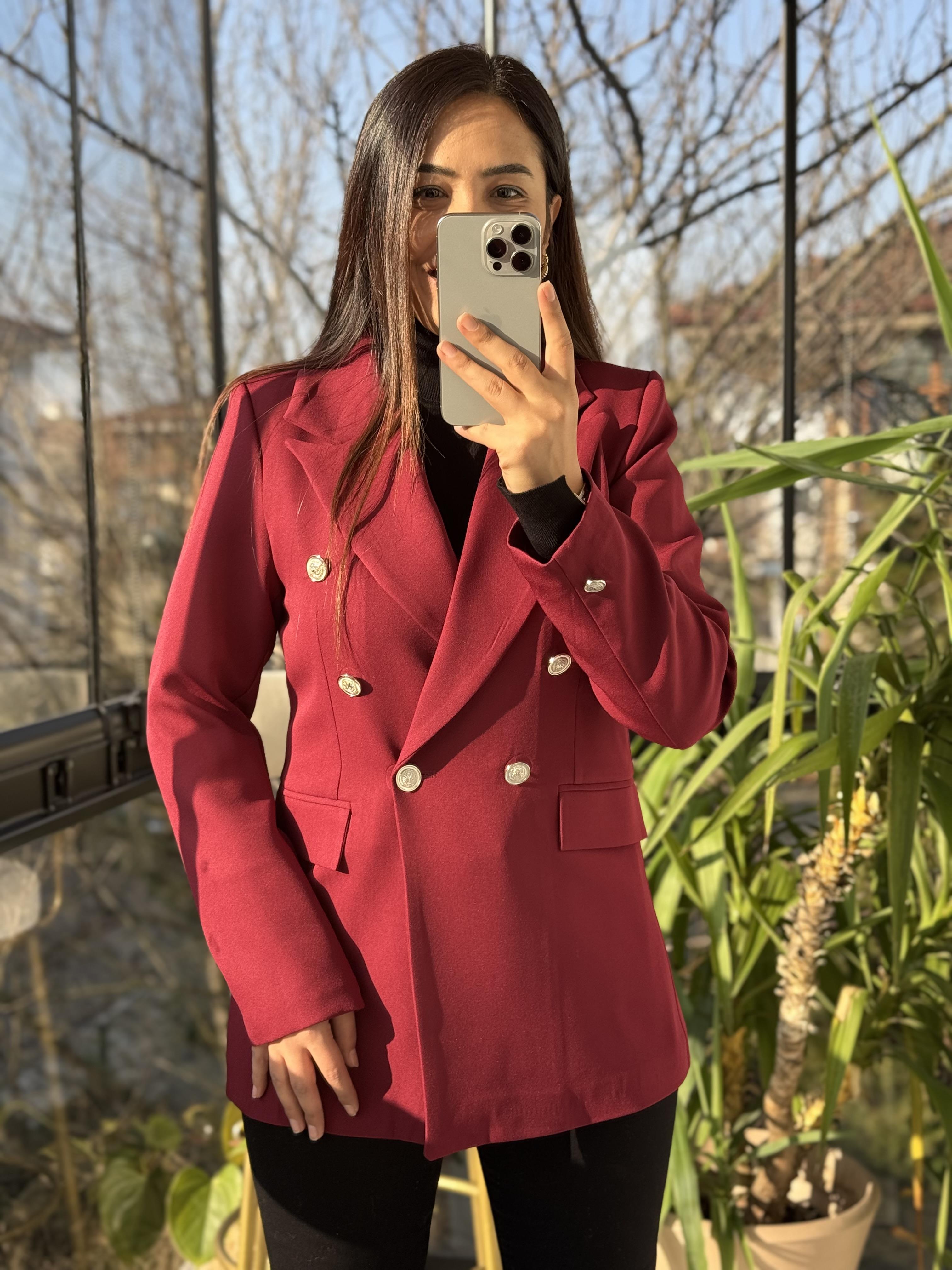 Kruvaze Atlas Blazer Ceket Bordo