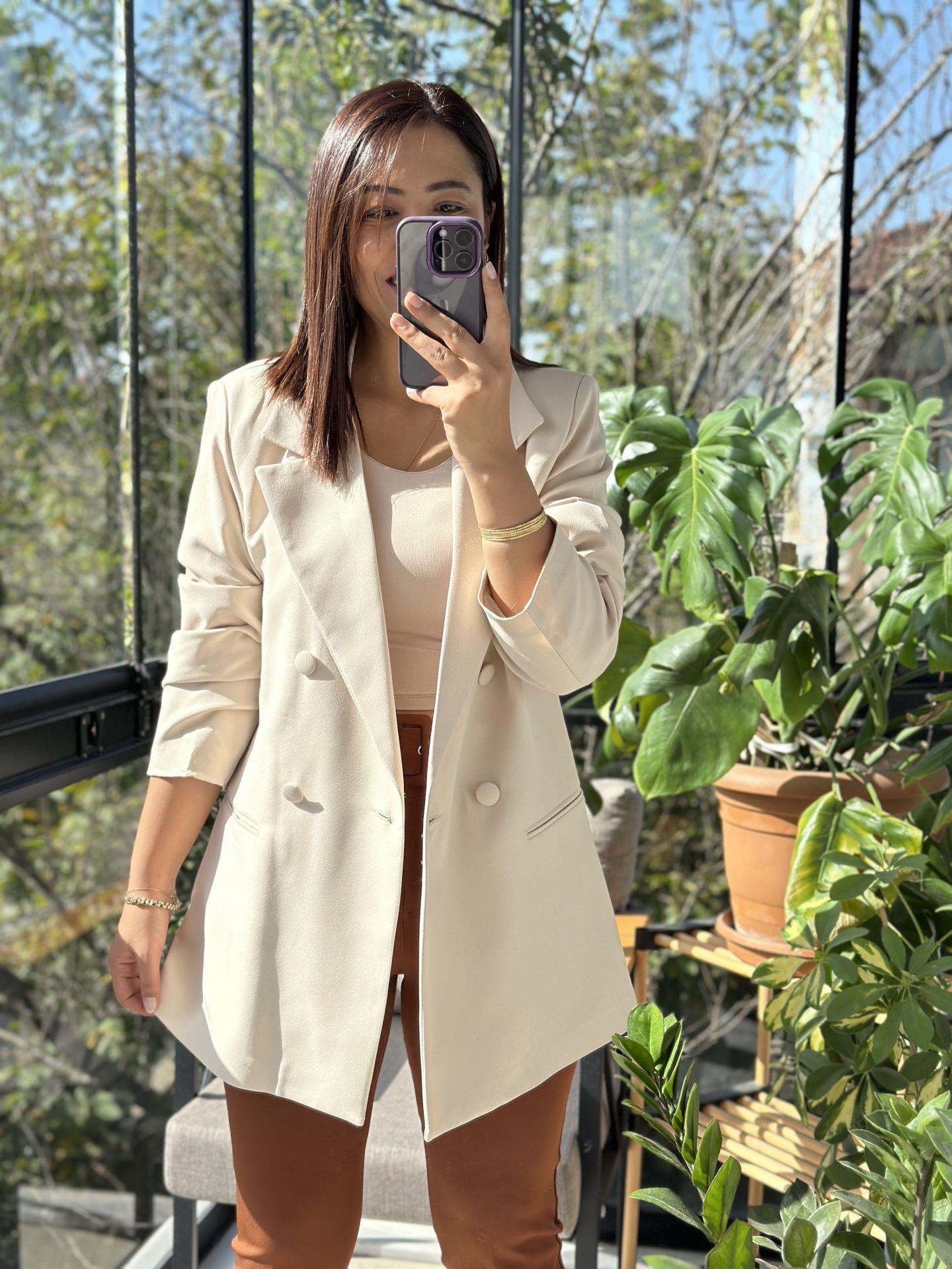 Kumaş Kaplama Kruvaze Blazer Ceket Krem